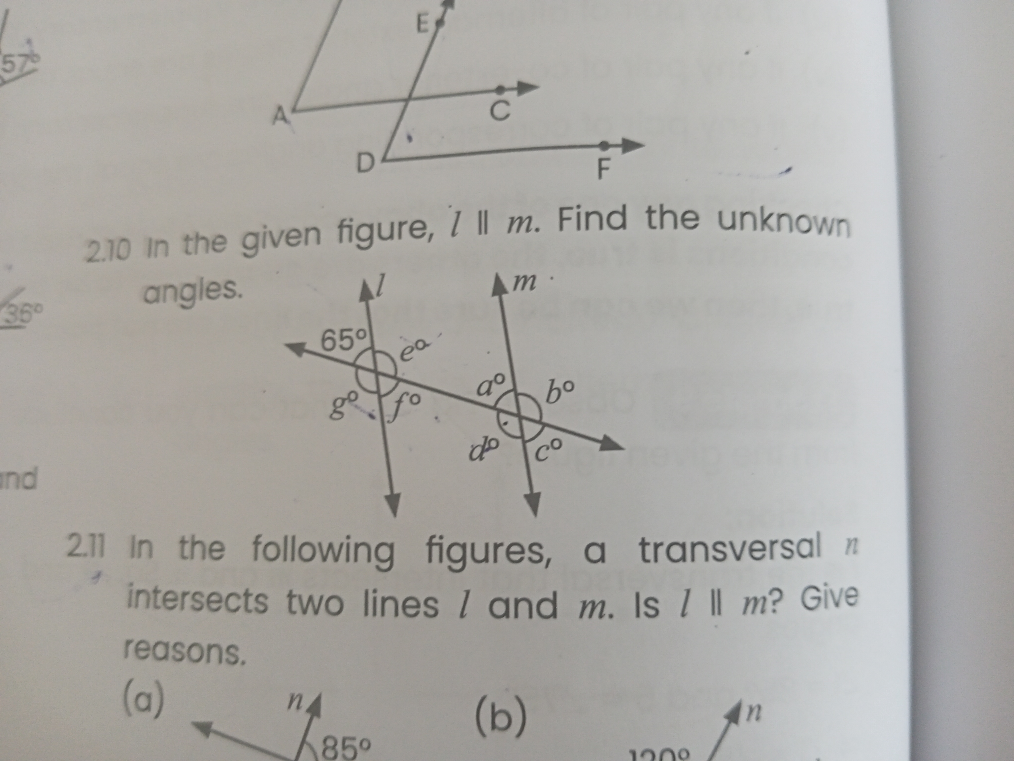 576
2.10 in the given figure, l∥m. Find the unknown angles.
2.11 In th