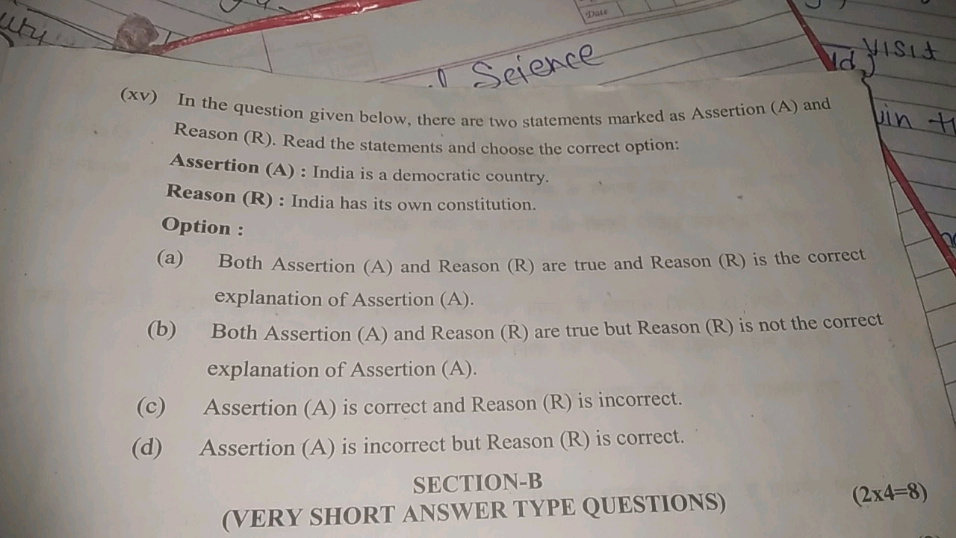 (xv) In the question given below, there are two statements marked as A