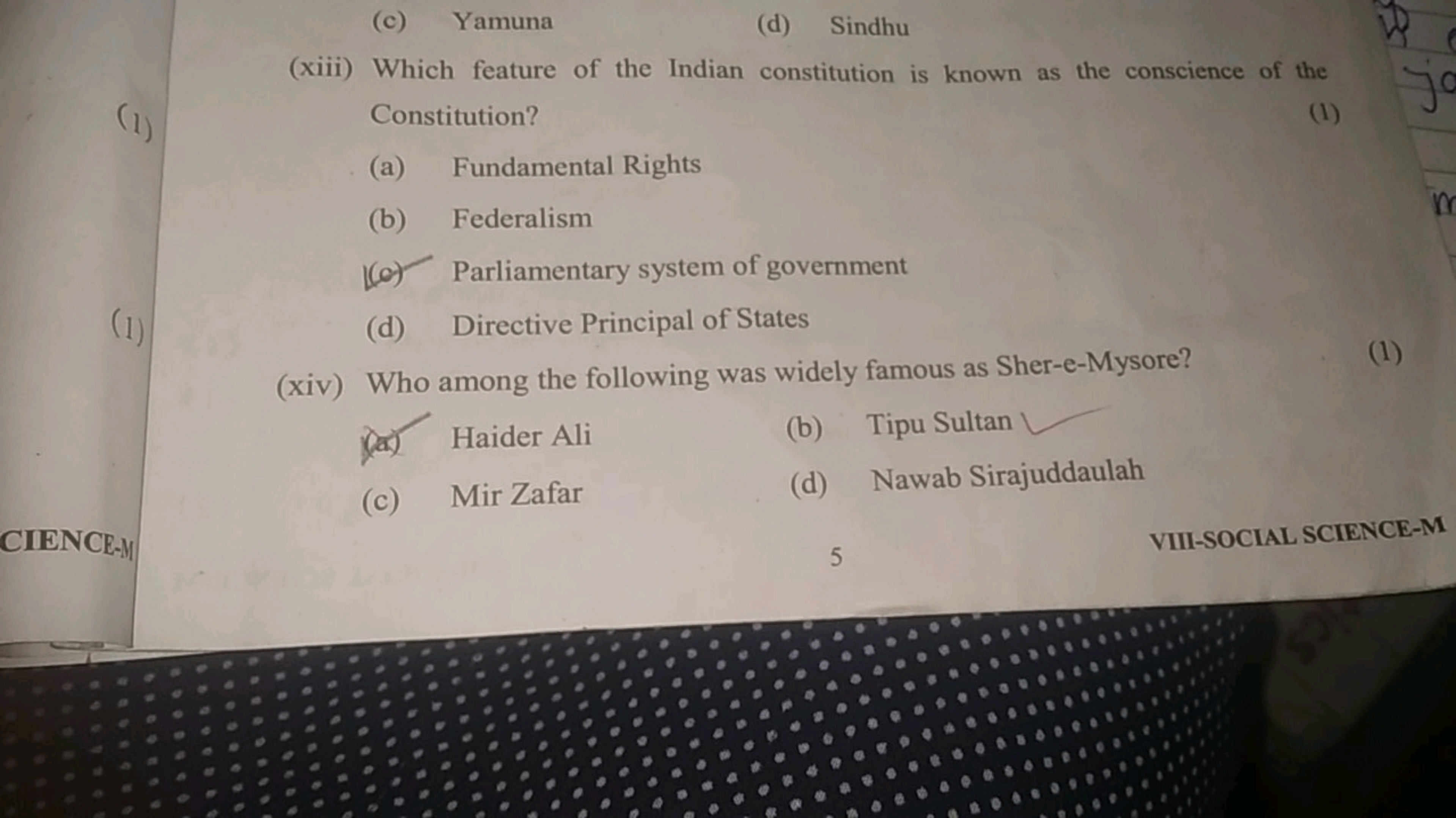 (c) Yamuna
(d) Sindhu
(xiii) Which feature of the Indian constitution 