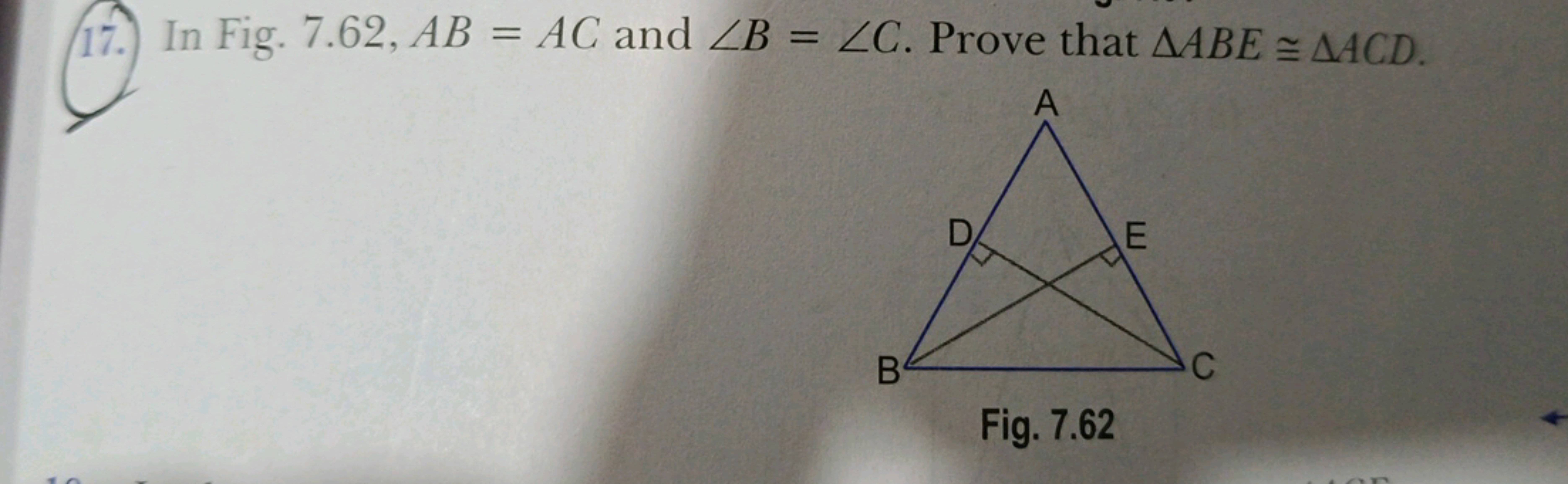 17. In Fig. 7.62, AB=AC and ∠B=∠C. Prove that △ABE≅△ACD.

Fig. 7.62