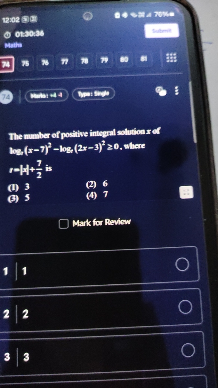 The mumber of positive integral solution x of log7​(x−7)2−logt​(2x−3)2