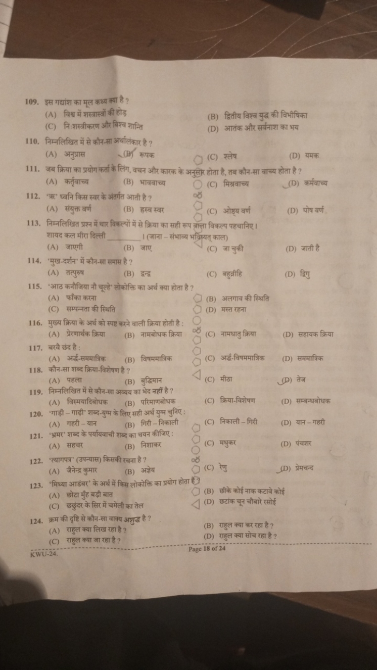 109. इस गद्यांश का मूल कथ्य क्या है ?
(A) विश्व में शस्त्रास्त्रों की 