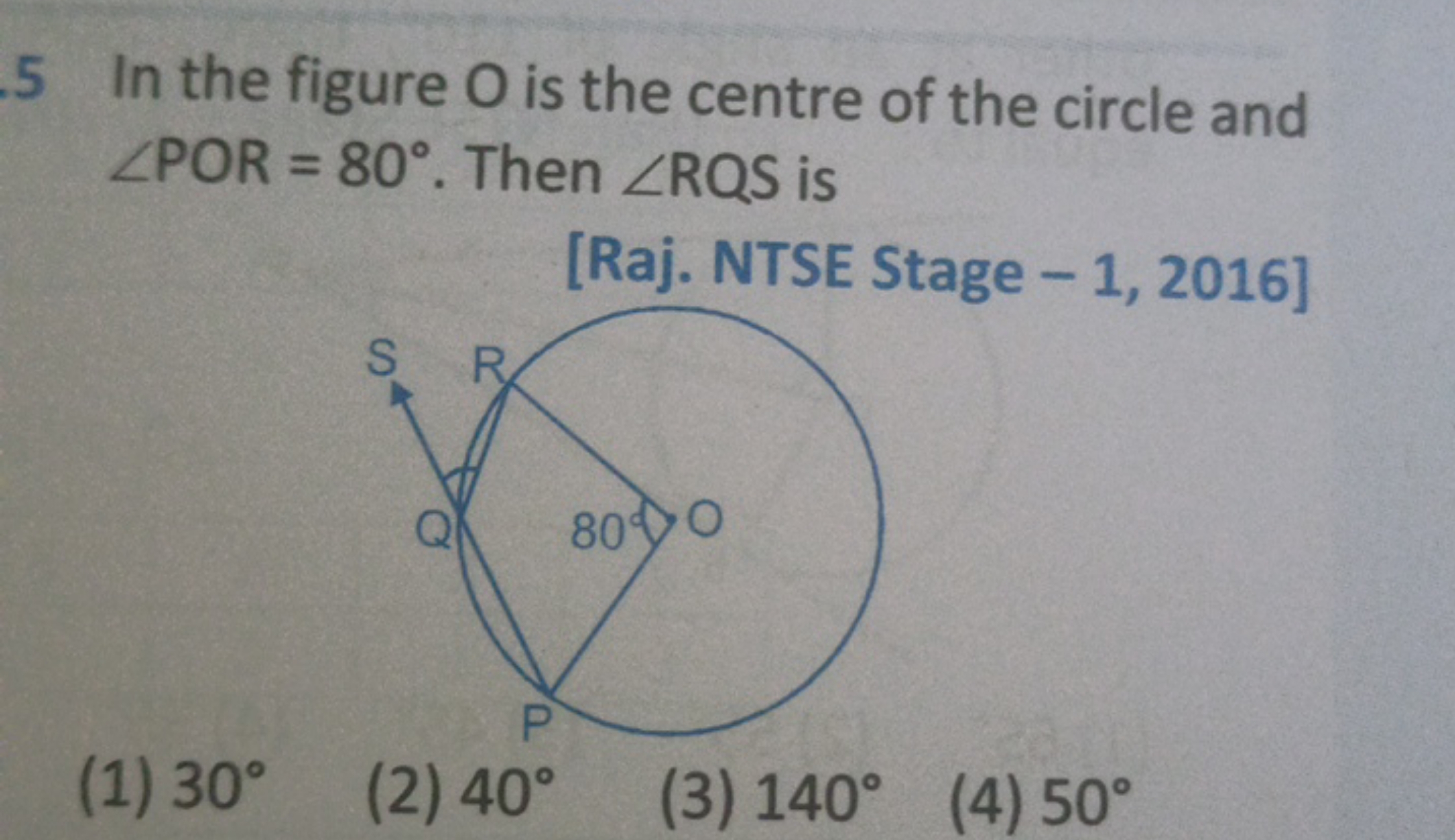 . 5 In the figure O is the centre of the circle and ∠POR=80∘. Then ∠RQ