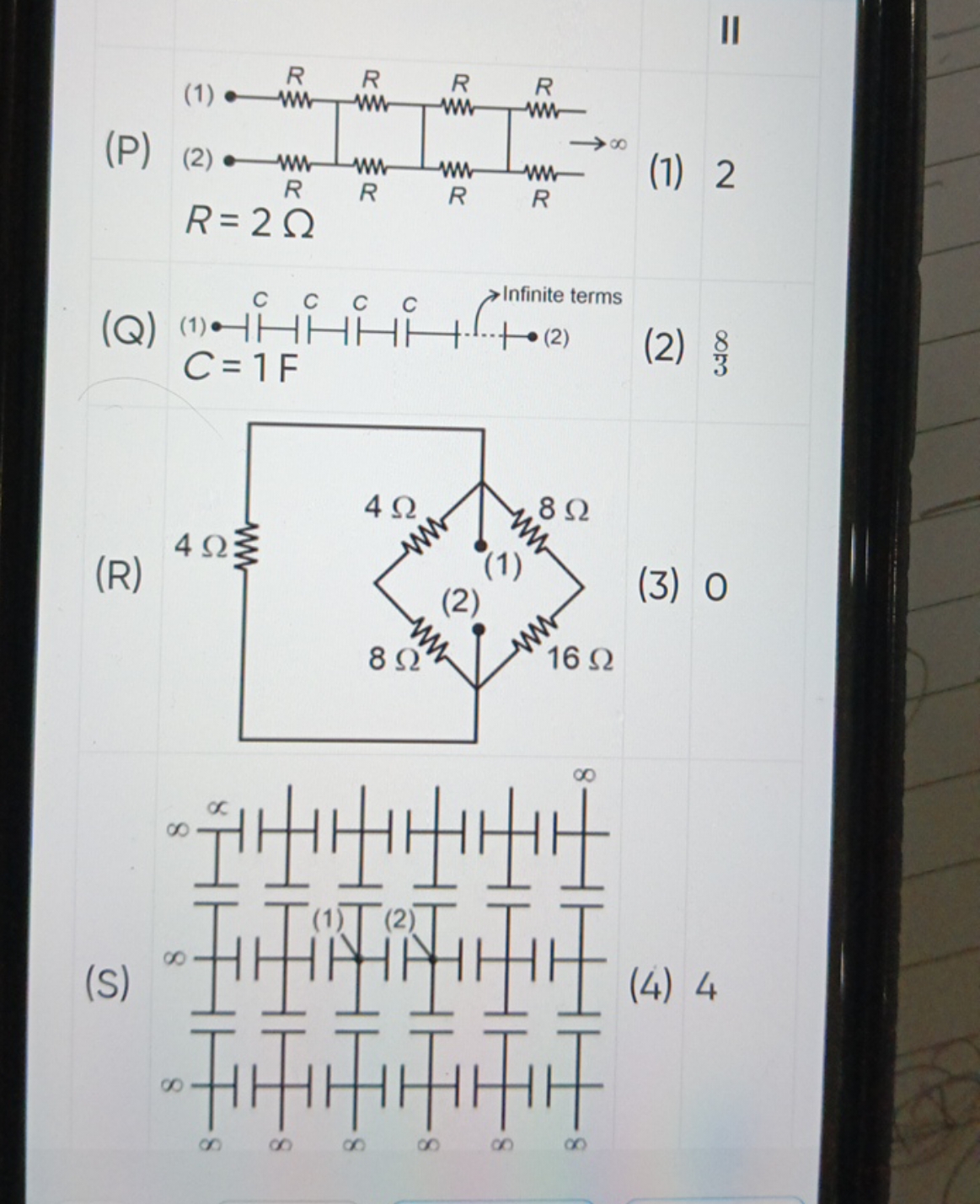 II
(P)
(1) 2
R=2Ω
(Q)
(1)
C=1F
(2) 38​
(R)
(3) 0
(S)
(4) 4