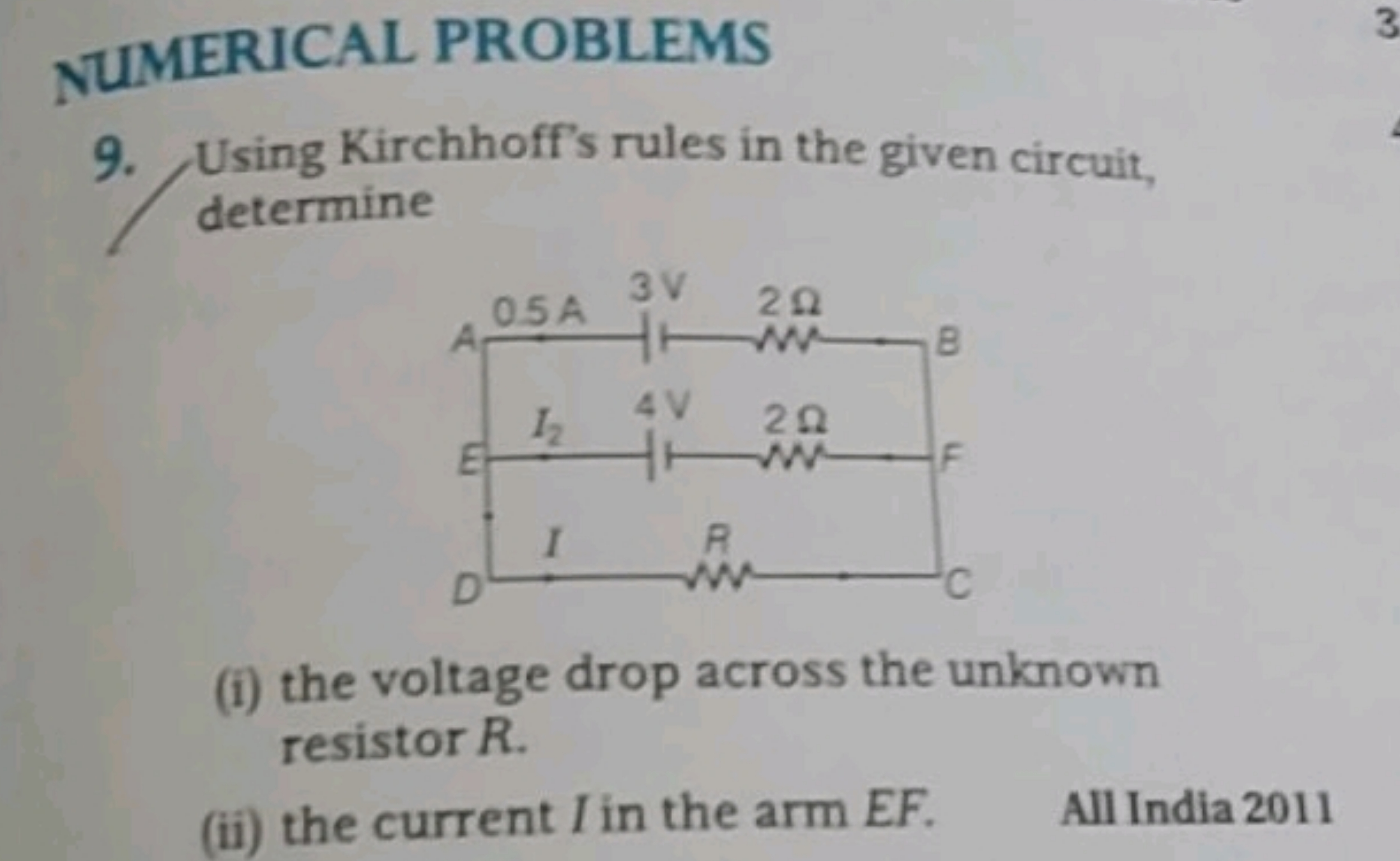 NUMERICAL PROBLEMS
9. Using Kirchhoff's rules in the given circuit, de