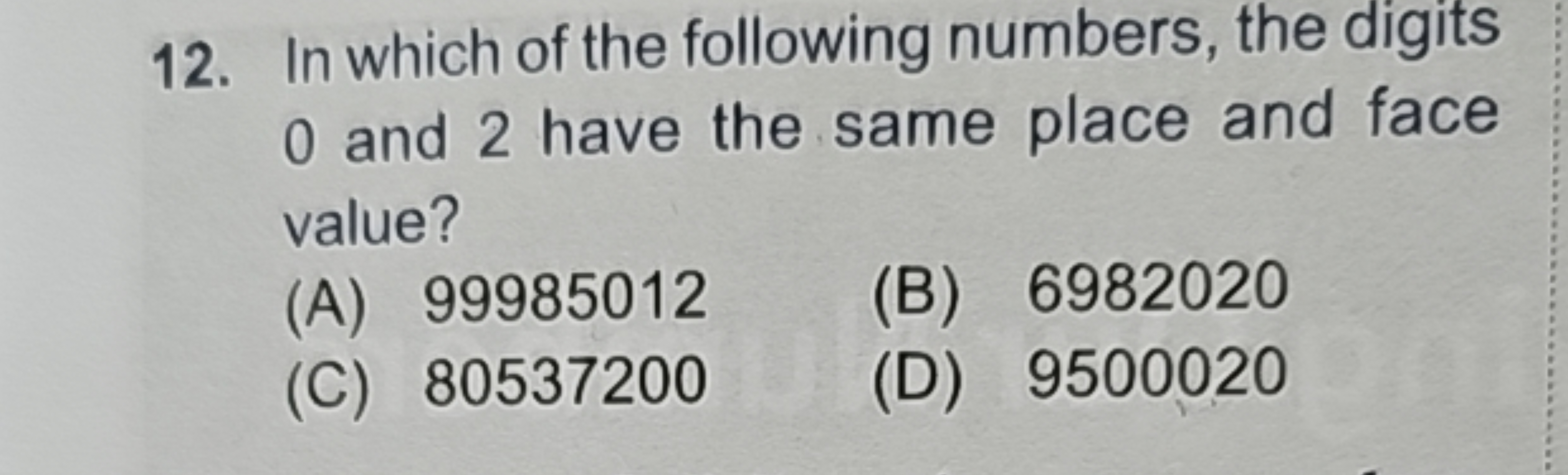 12. In which of the following numbers, the digits 0 and 2 have the sam