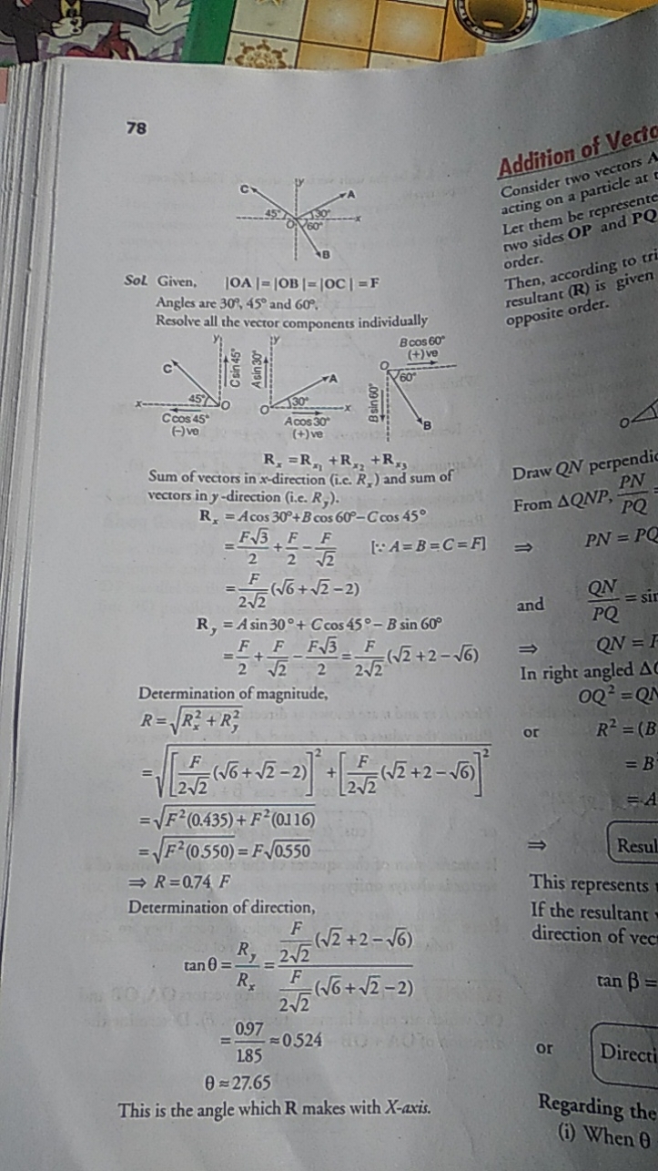 78
Sol. Given, ∣OA∣=∣OB∣=∣OC∣=F
Angles are 30∘,45∘ and 60∘.
Resolve al