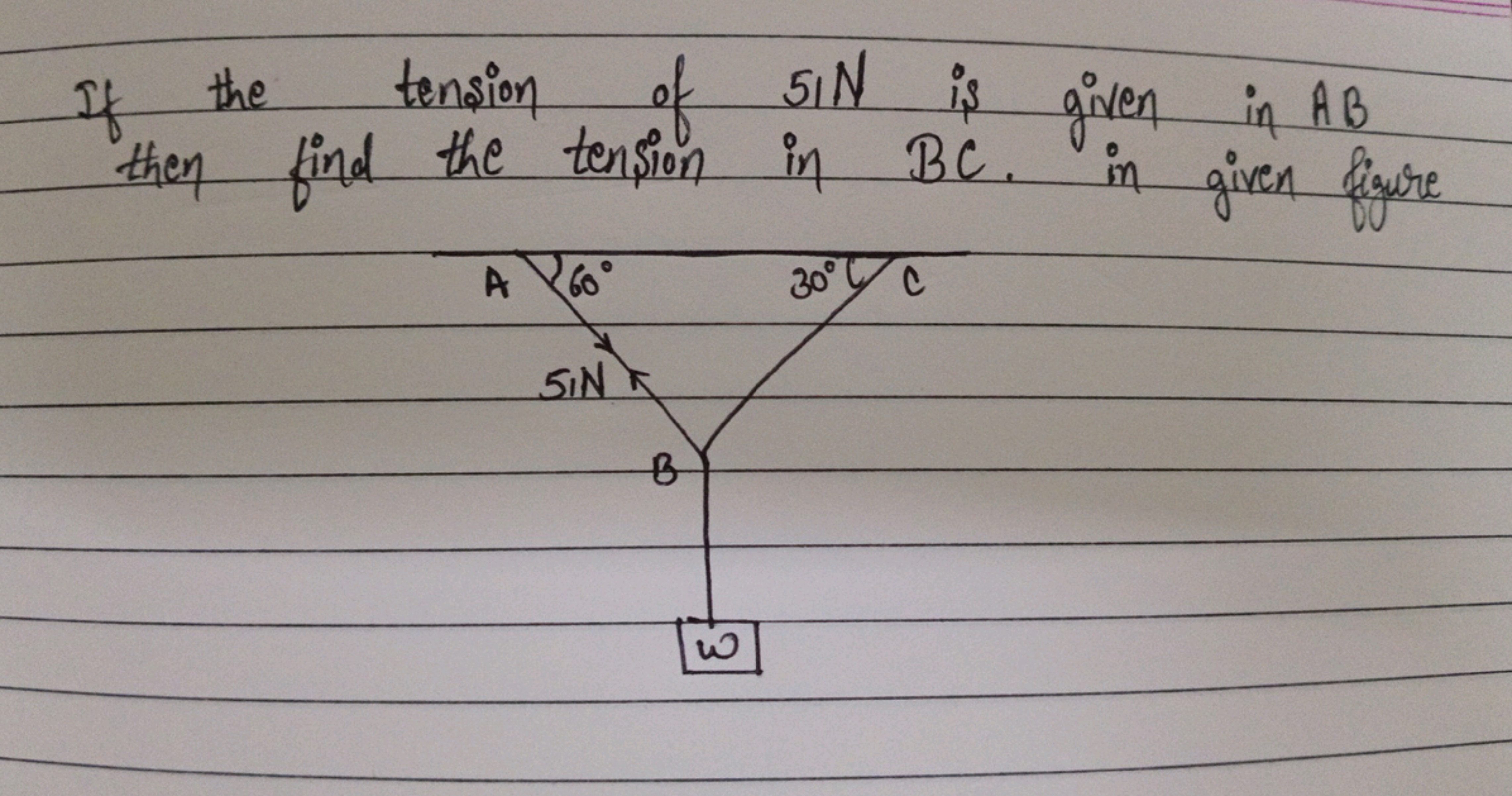 If the
5N
tension of SIN is given in AB
then find the tension in BC. i