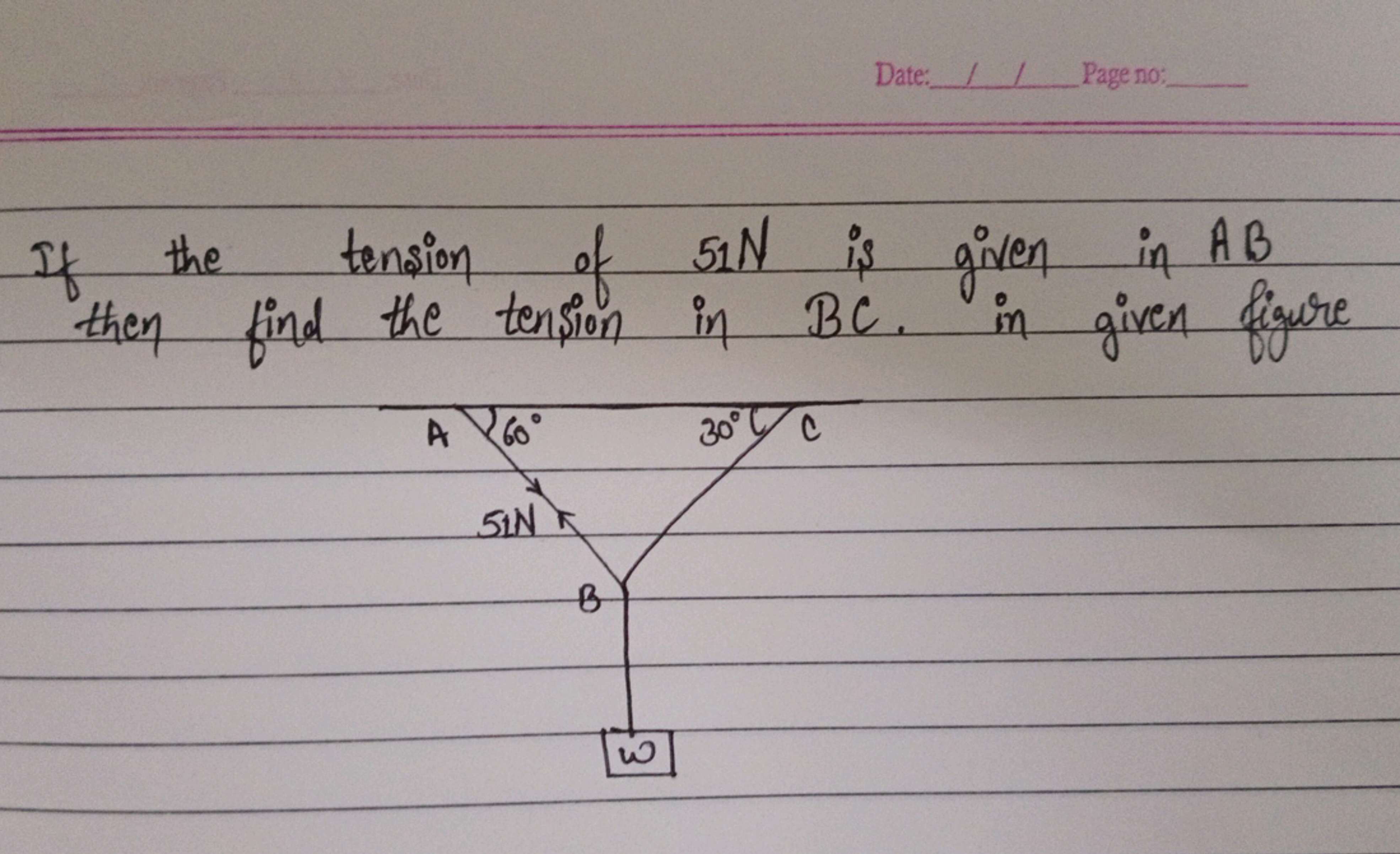 Date: /Page no:
If the
tension of 51N is given in AB
then find the ten