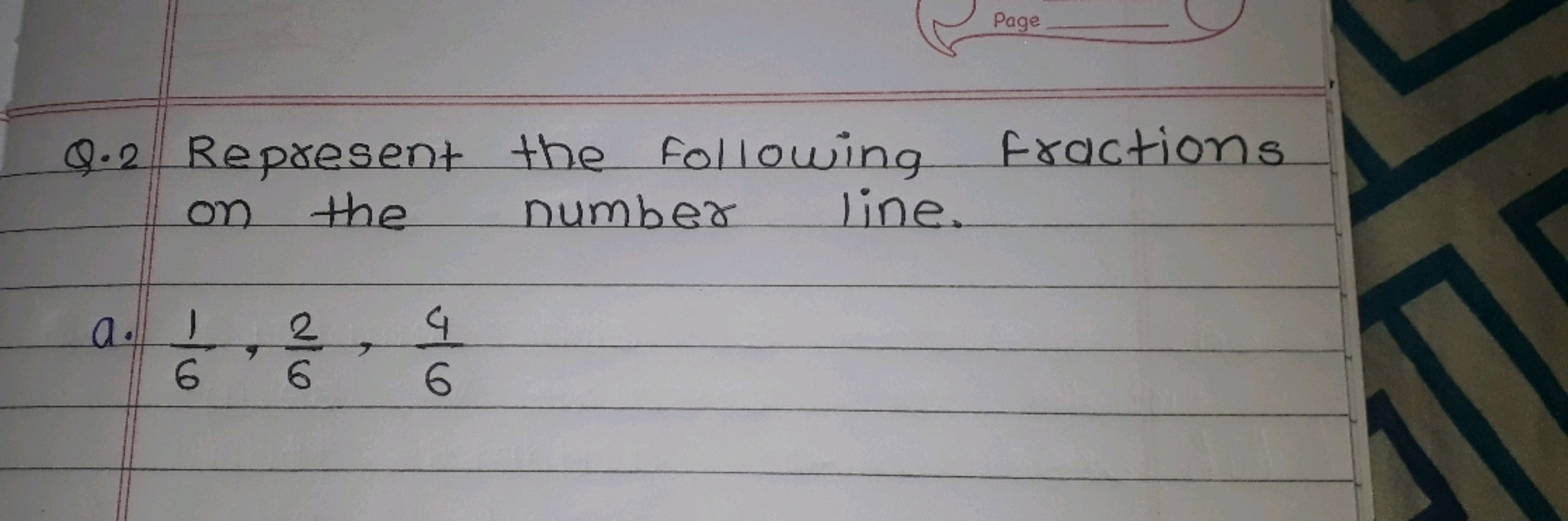 Page
Q. 2 Represent the following fractions on the number line.
a. 61​