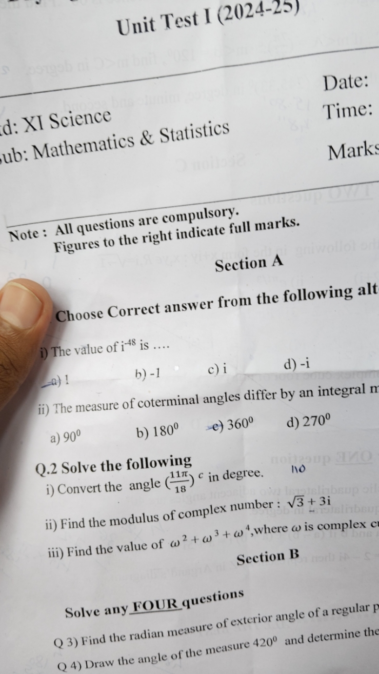 Unit Test I (2024-25)

Date: □
d: XI Science
ub: Mathematics \& Statis