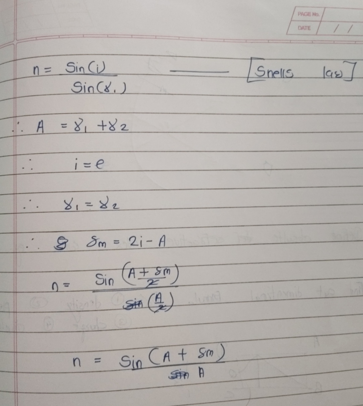 \begin{array} { l } n = \frac { \sin ( i ) } { \sin \left( \gamma _ { 