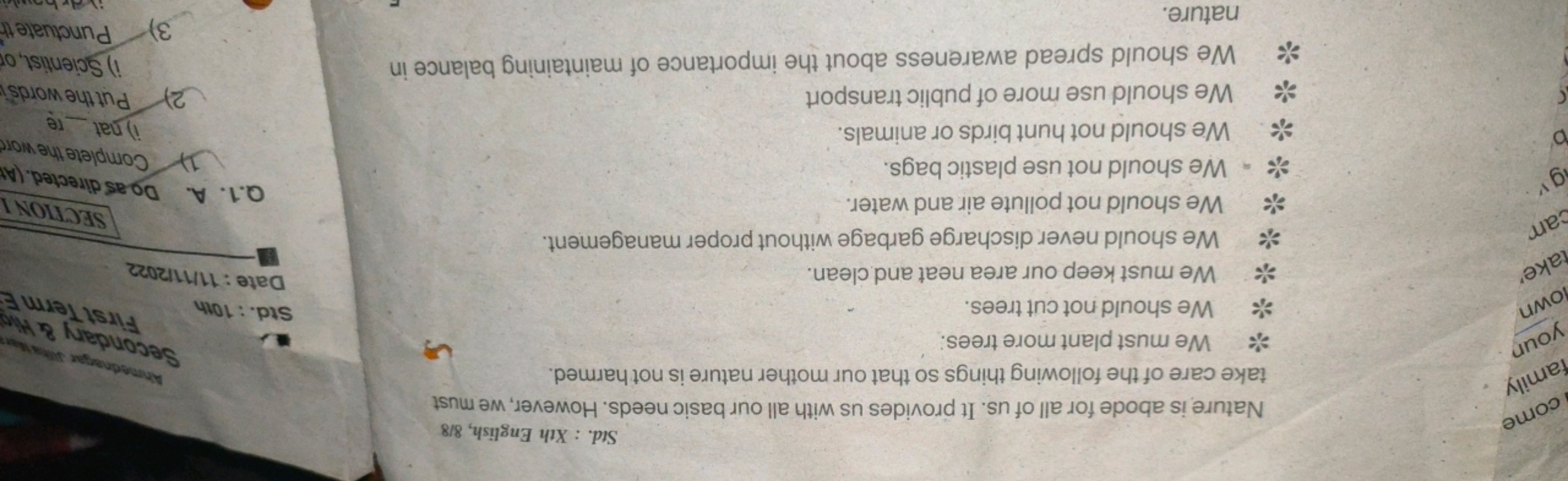 Std. : Xth English, 8/8
Nature is abode for all of us. It provides us 