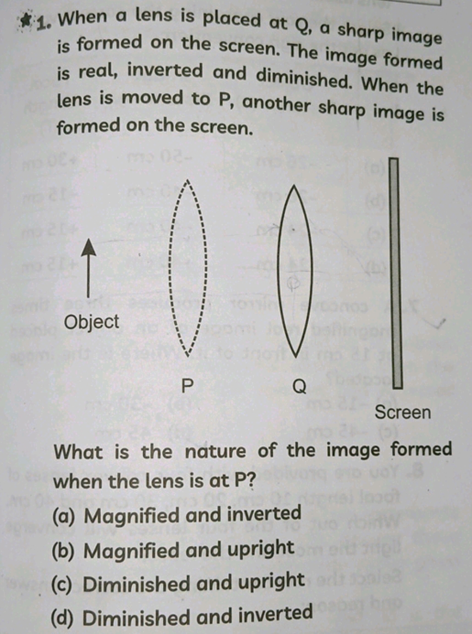 1. When a lens is placed at Q, a sharp image is formed on the screen. 