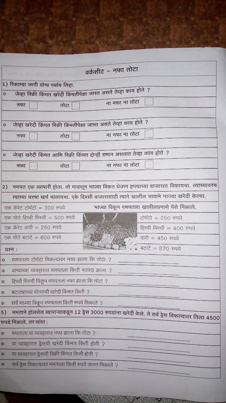 वर्कशीट - नफा तोटा
1) रिकाम्या जागी योग्य पर्याय लिहा.
नफा □ तोटा □ ना