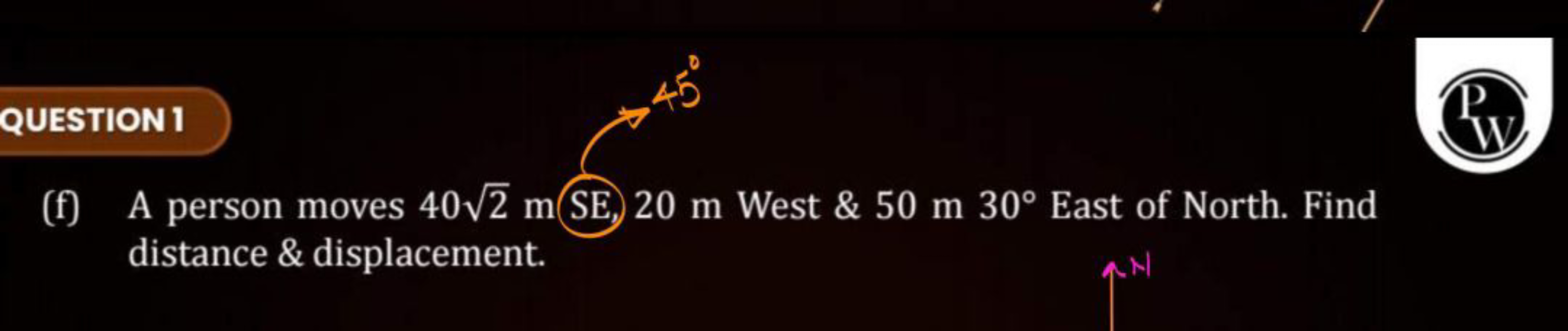 QUESTION 1
(f) A person moves 402​ m SE. 20 m West \& 50 m 30^{ \circ 