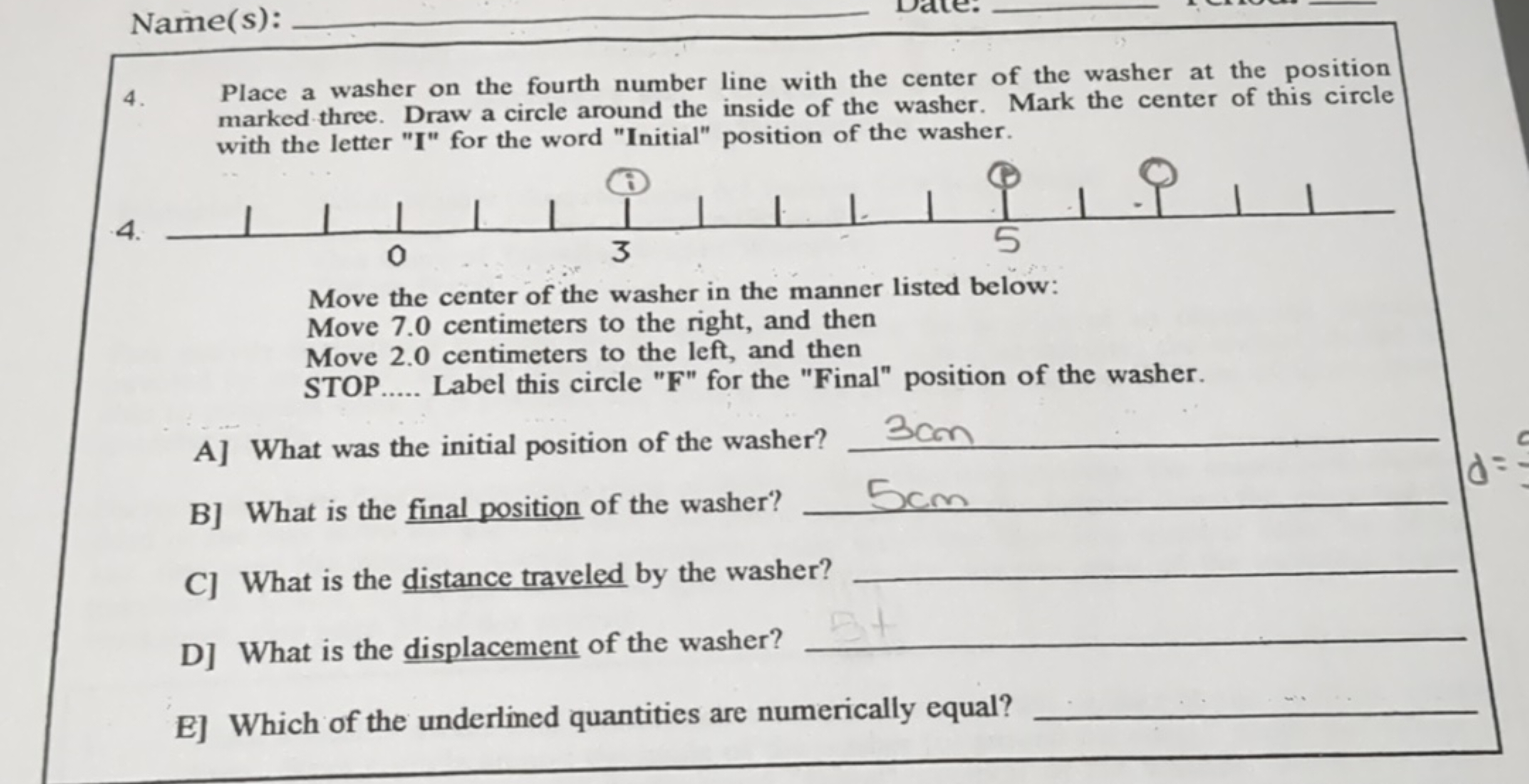 Name (s):
4. Place a washer on the fourth number line with the center 