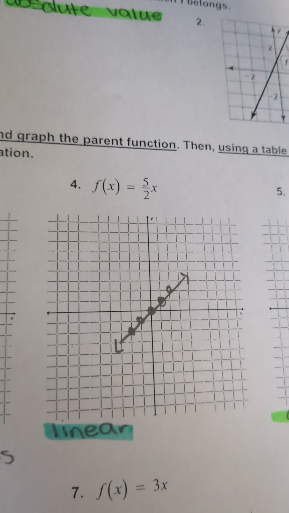 voglute value
2.
graph the parent function. Then, using a table aton.
