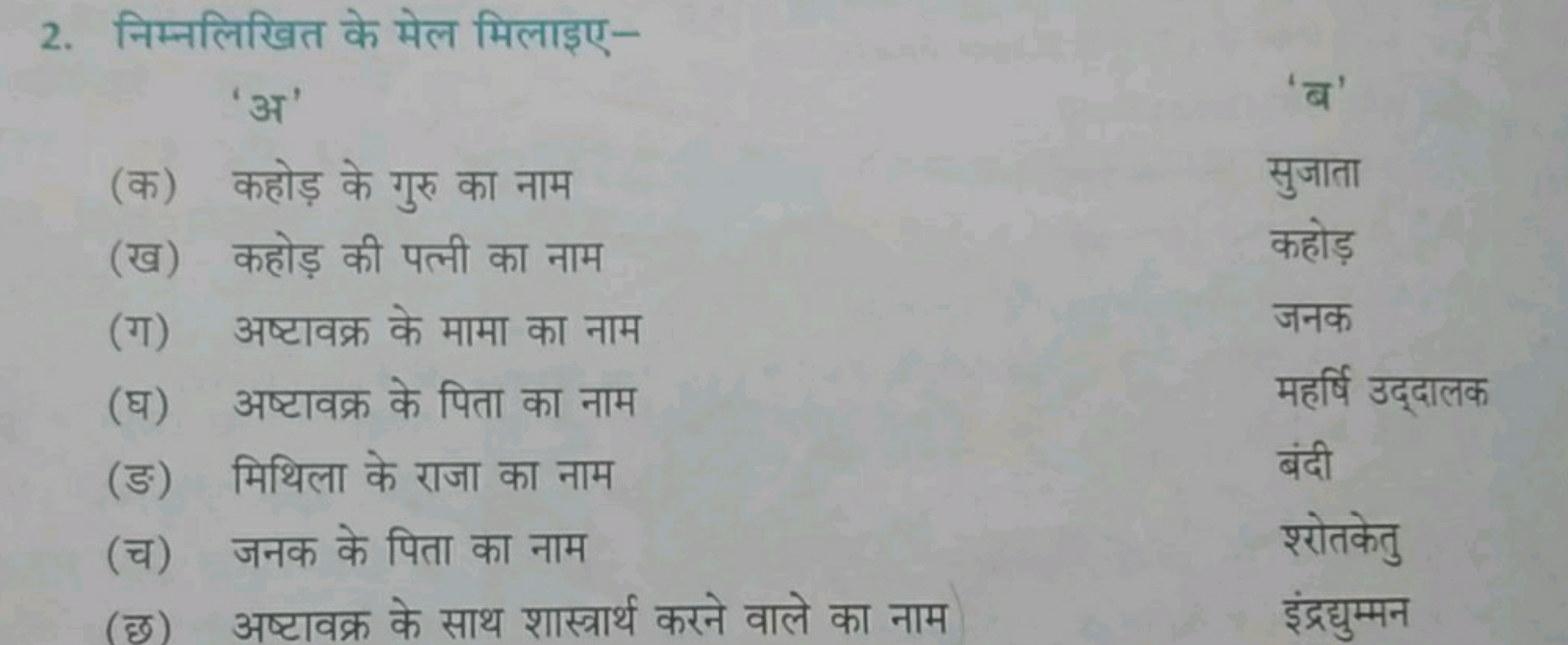 2. निम्नलिखित के मेल मिलाइए-
(क) कहोड़ के गुरु का नाम
सुजाता
(ख) कहोड़