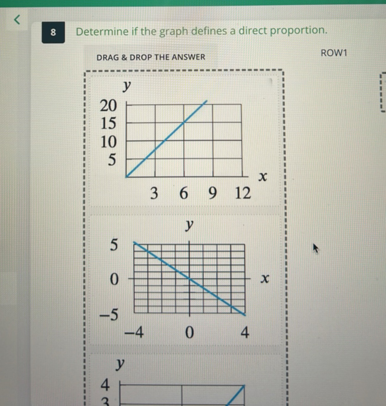 8 Determine if the graph defines a direct proportion.
DRAG \& DROP THE