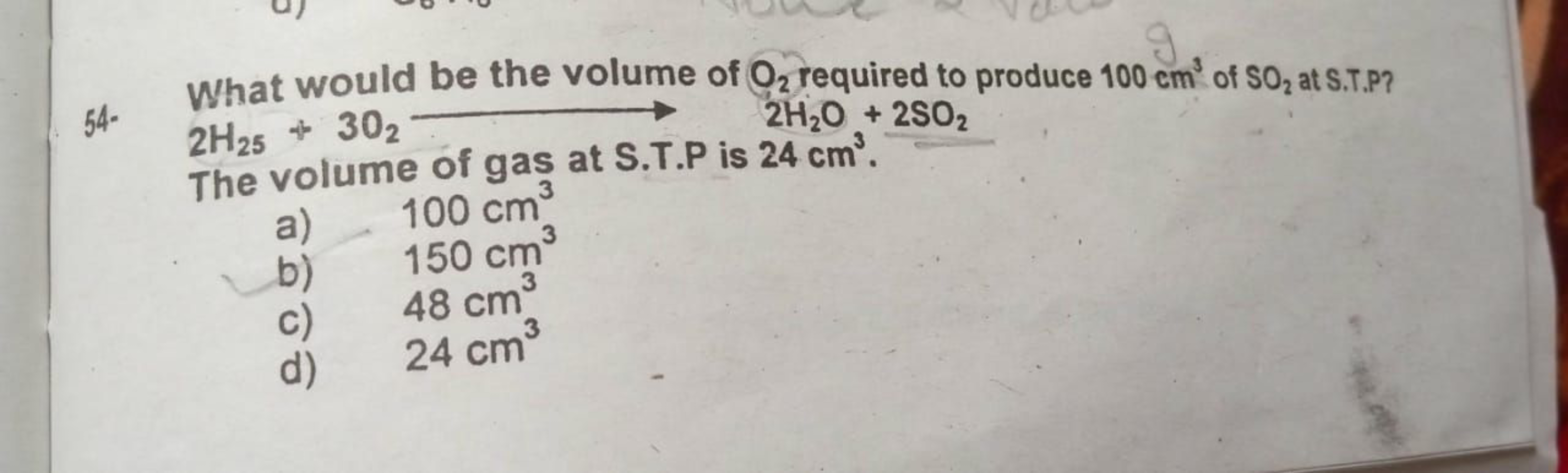 54- What would be the volume of O2​ required to produce 100 cm3 of SO2