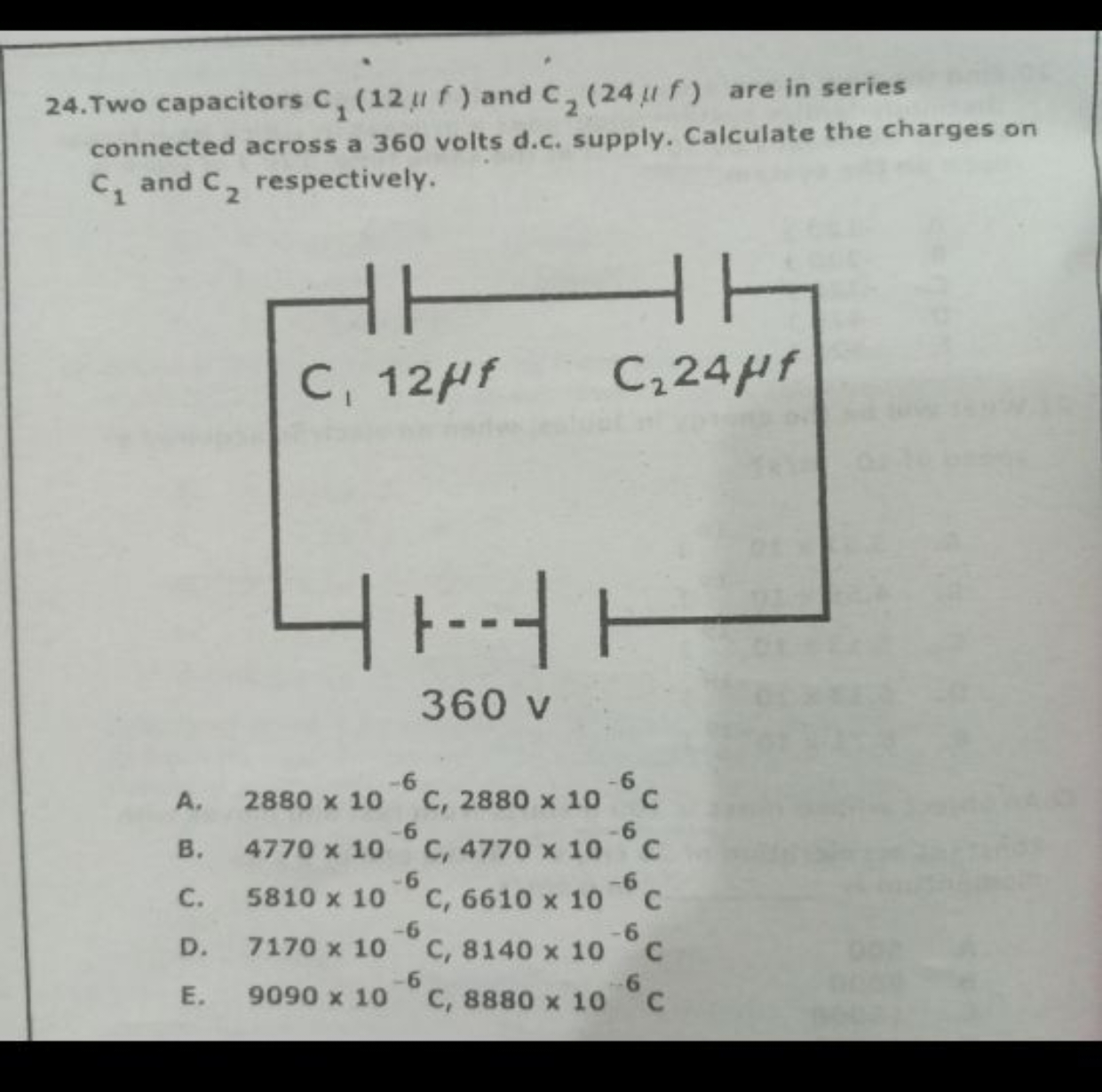 24. Two capacitors C1​(12μf) and C2​(24μf) are in series connected acr