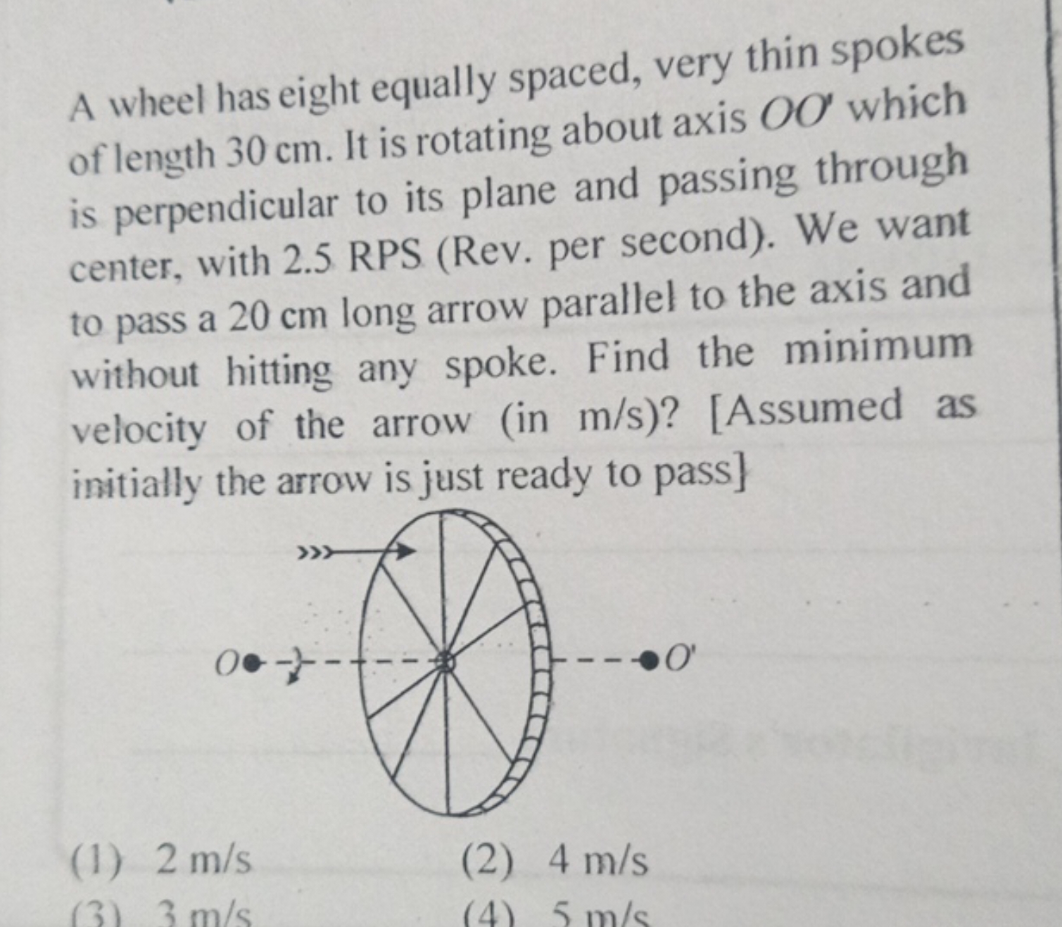 A wheel has eight equally spaced, very thin spokes of length 30 cm . I