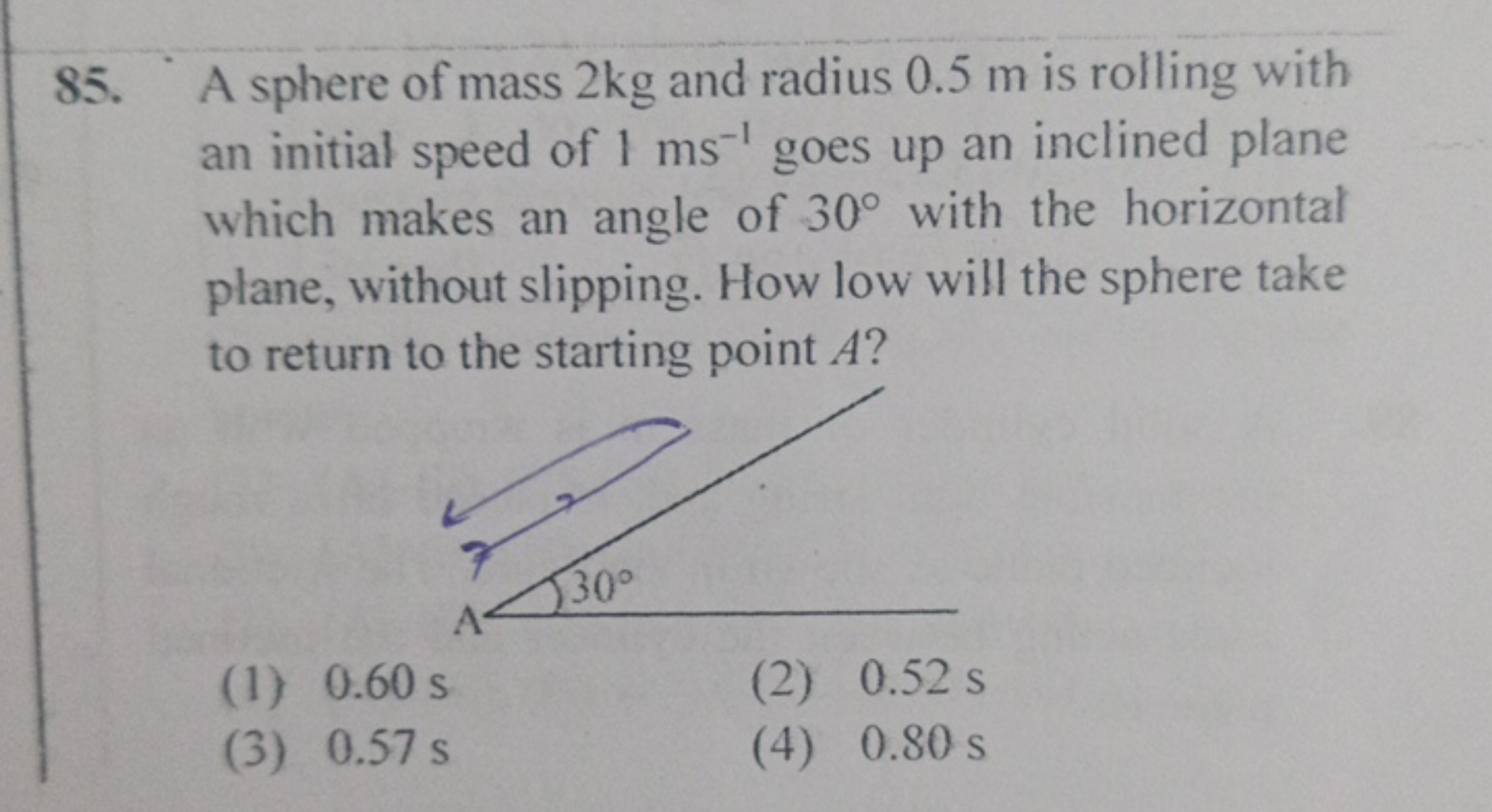 85. A sphere of mass 2 kg and radius 0.5 m is rolling with an initial 