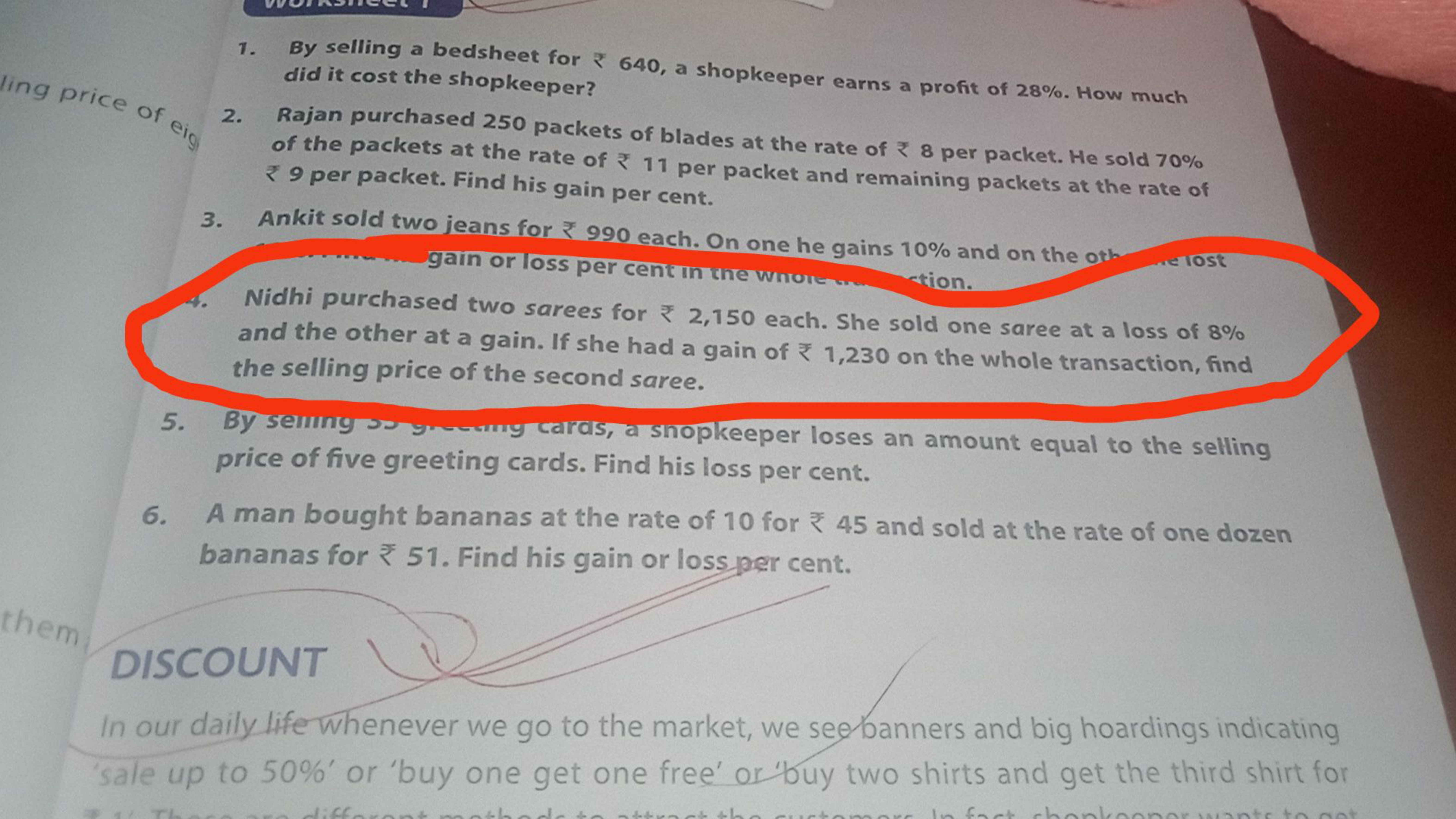 1. By selling a bedsheet for ₹ 640 , a shopkeeper earns a profit of 28