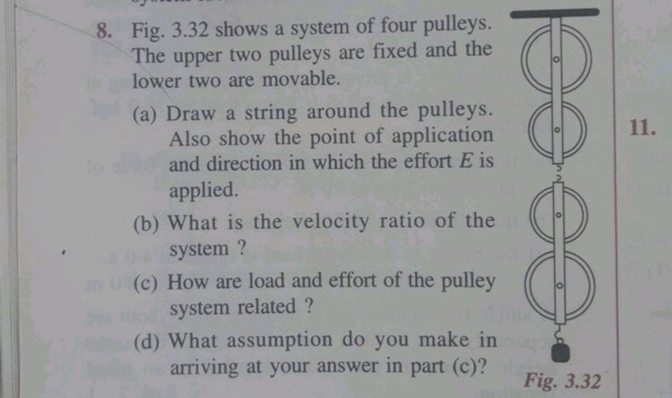 8. Fig. 3.32 shows a system of four pulleys. The upper two pulleys are