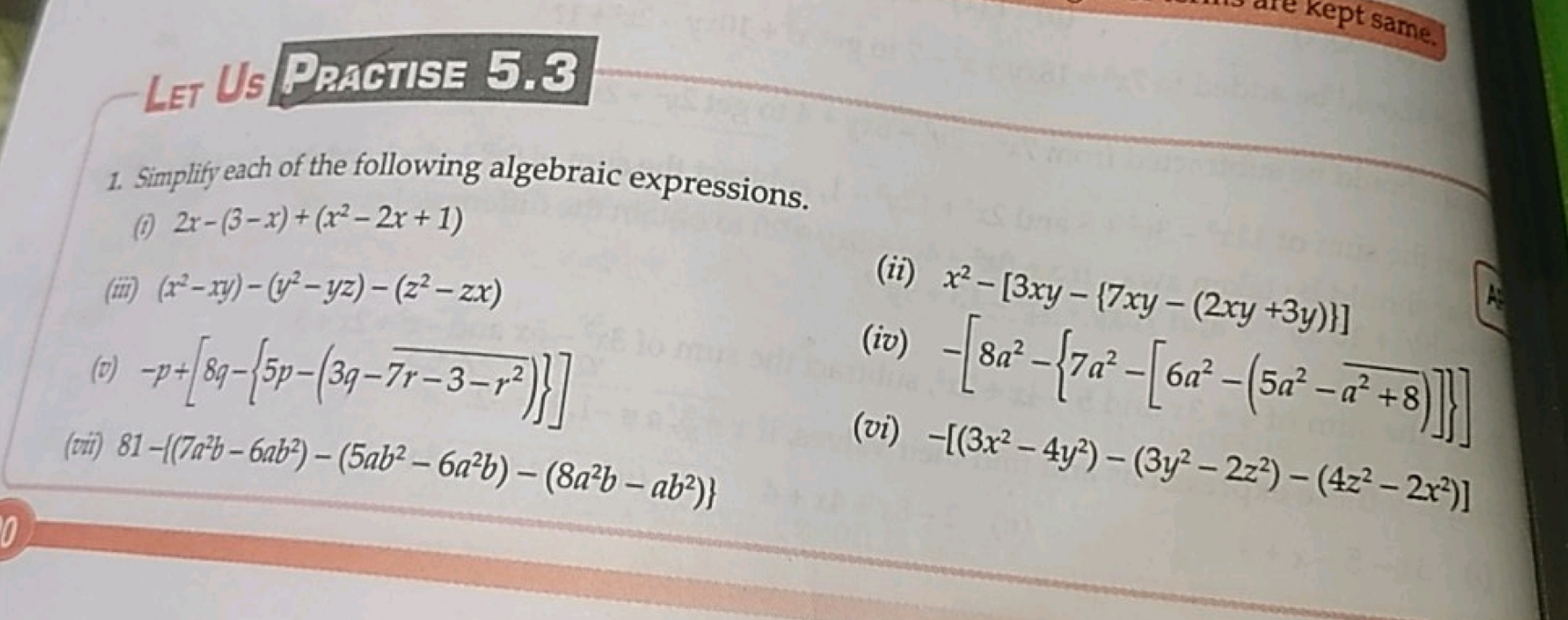 Let Us Practise 5.3
1. Simplify each of the following algebraic expres