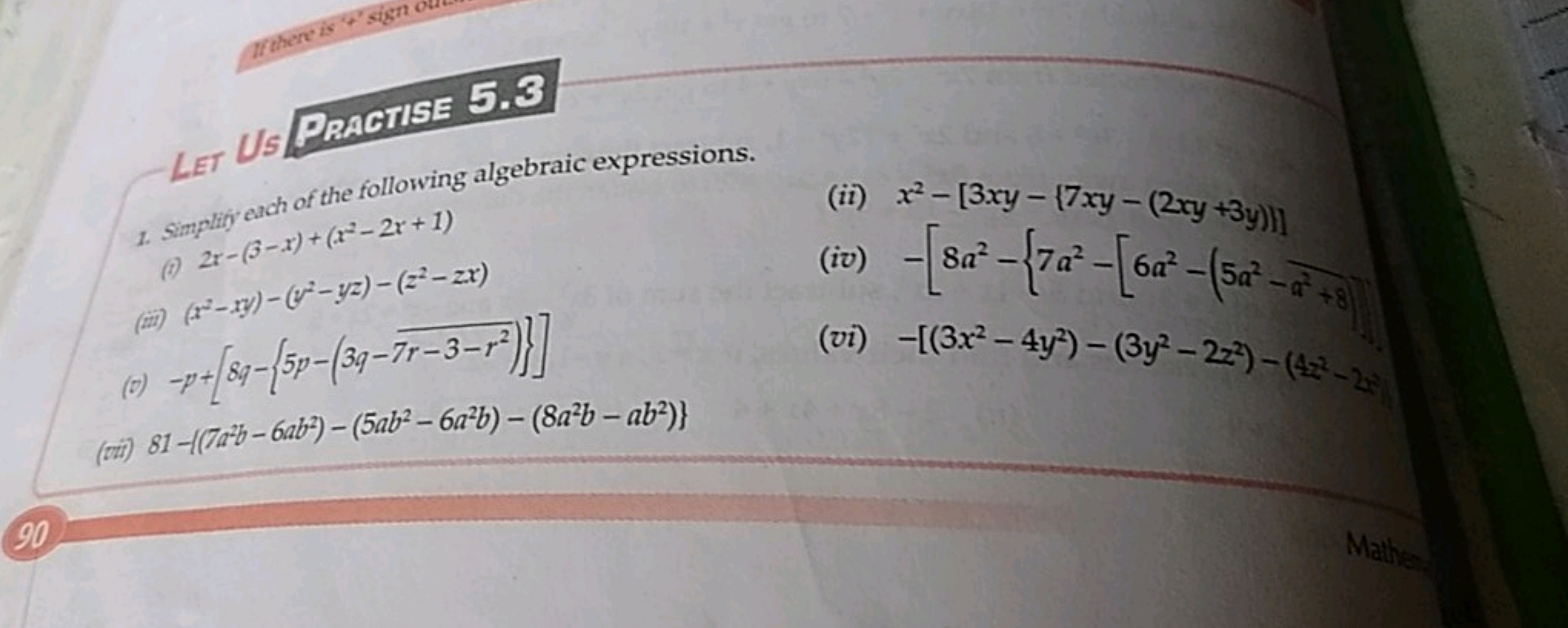 1. Simplifi each of the following algebraic expressions.
(ii) x2−[3xy−