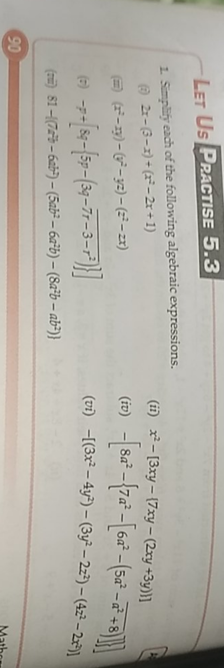 Let Us Practise 5.3
1. Simplify each of the following algebraic expres