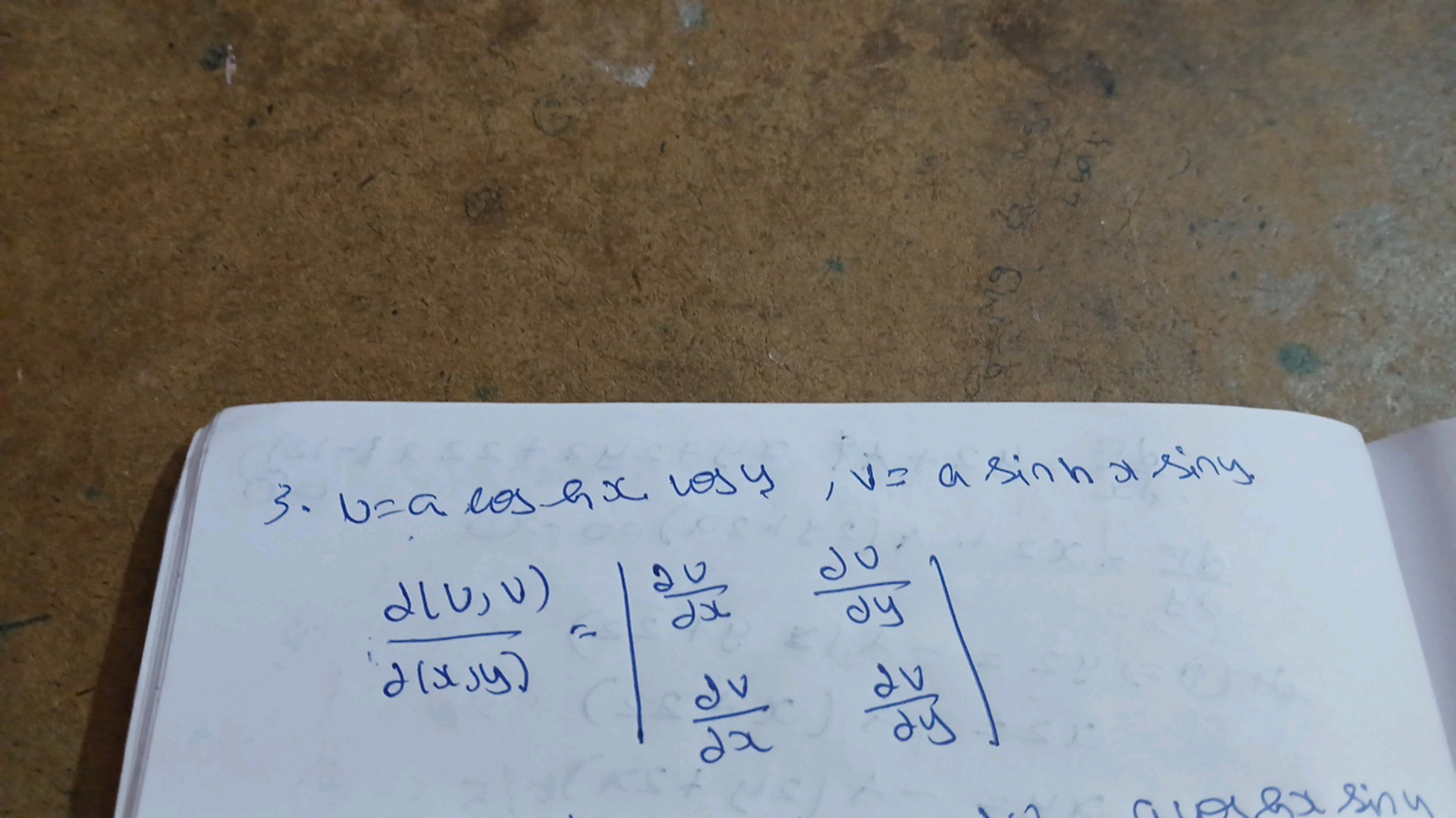 3. v=acoshxcosy,v=asinhxsiny
∂(x,y)∂(u,v)​=∣∣​∂x∂u​∂x∂v​​∂y∂v​∂y∂v​​∣∣