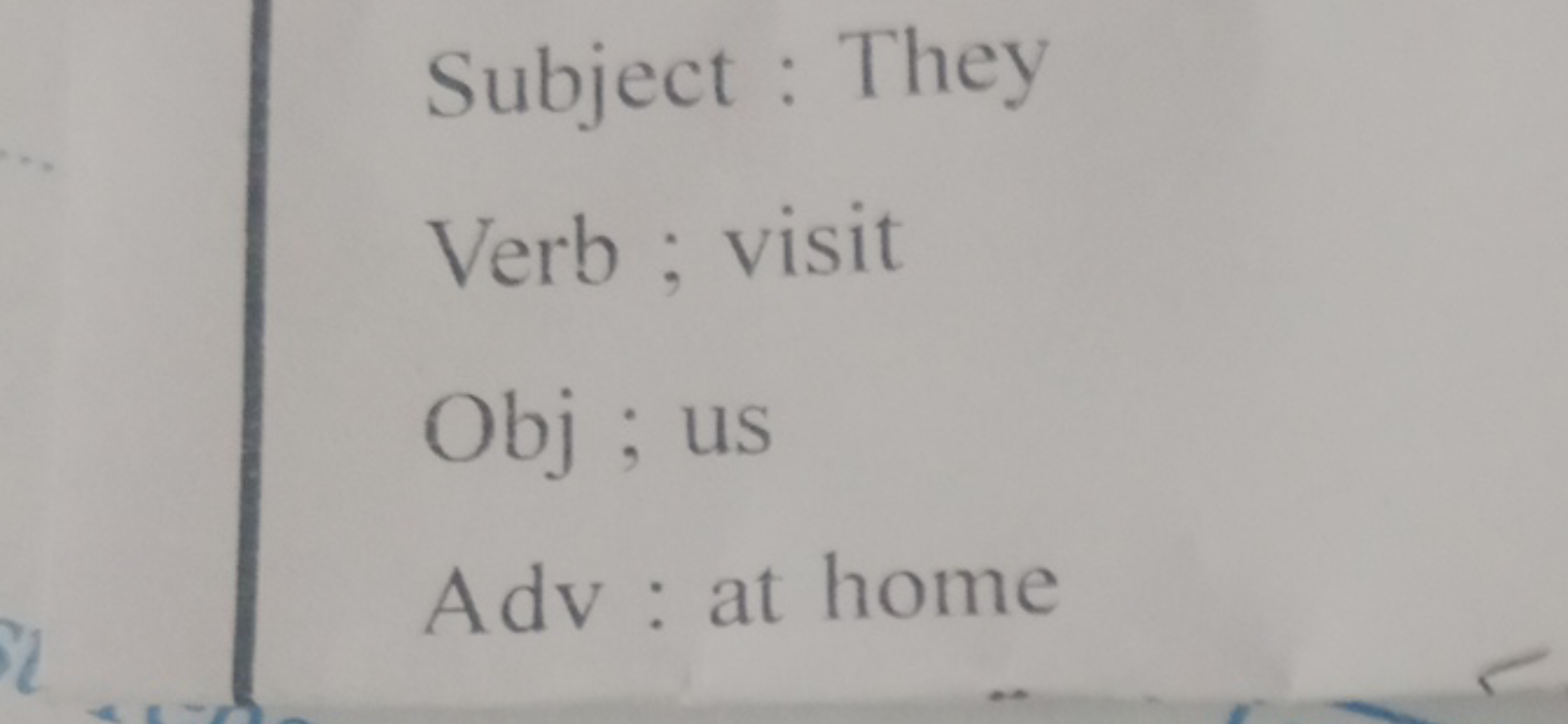 Subject: They
Verb ; visit
Obj ; us
Adv : at home