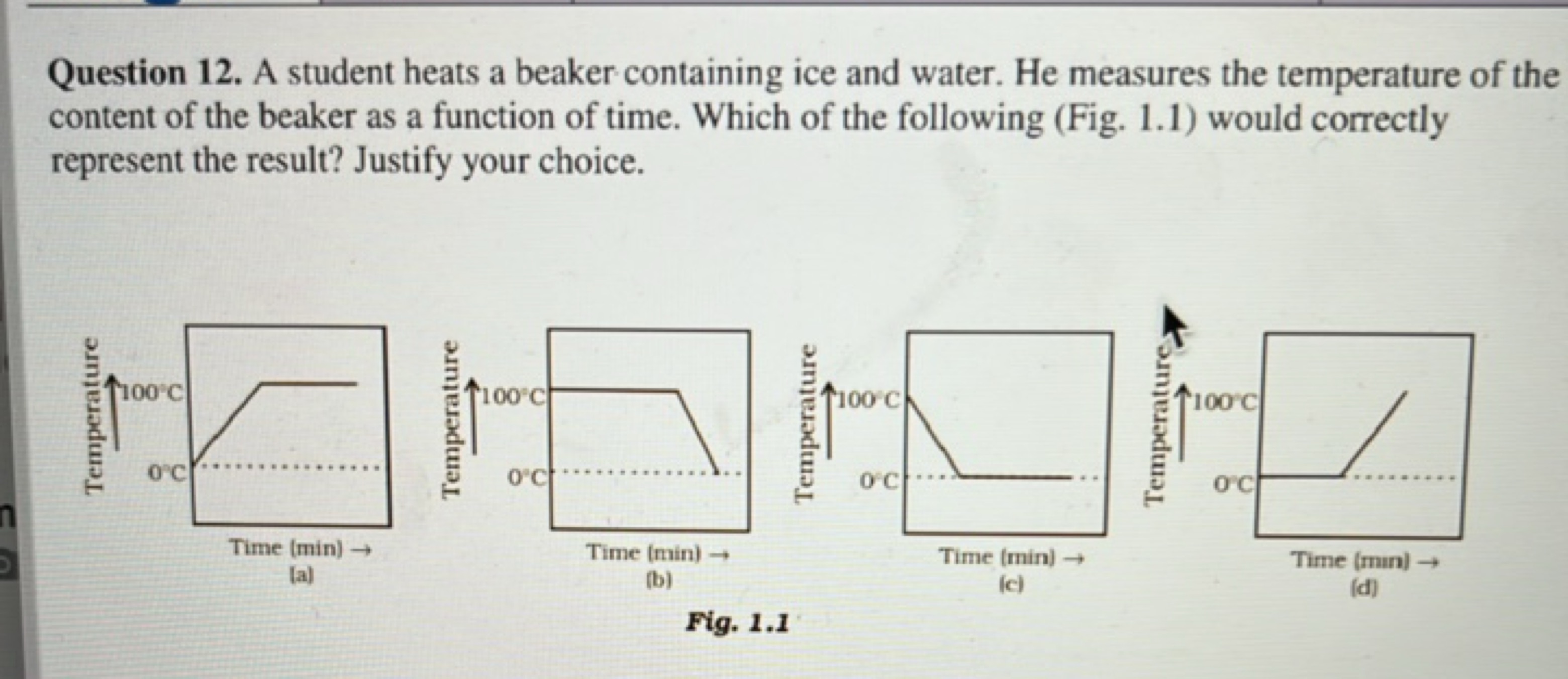 Question 12. A student heats a beaker containing ice and water. He mea