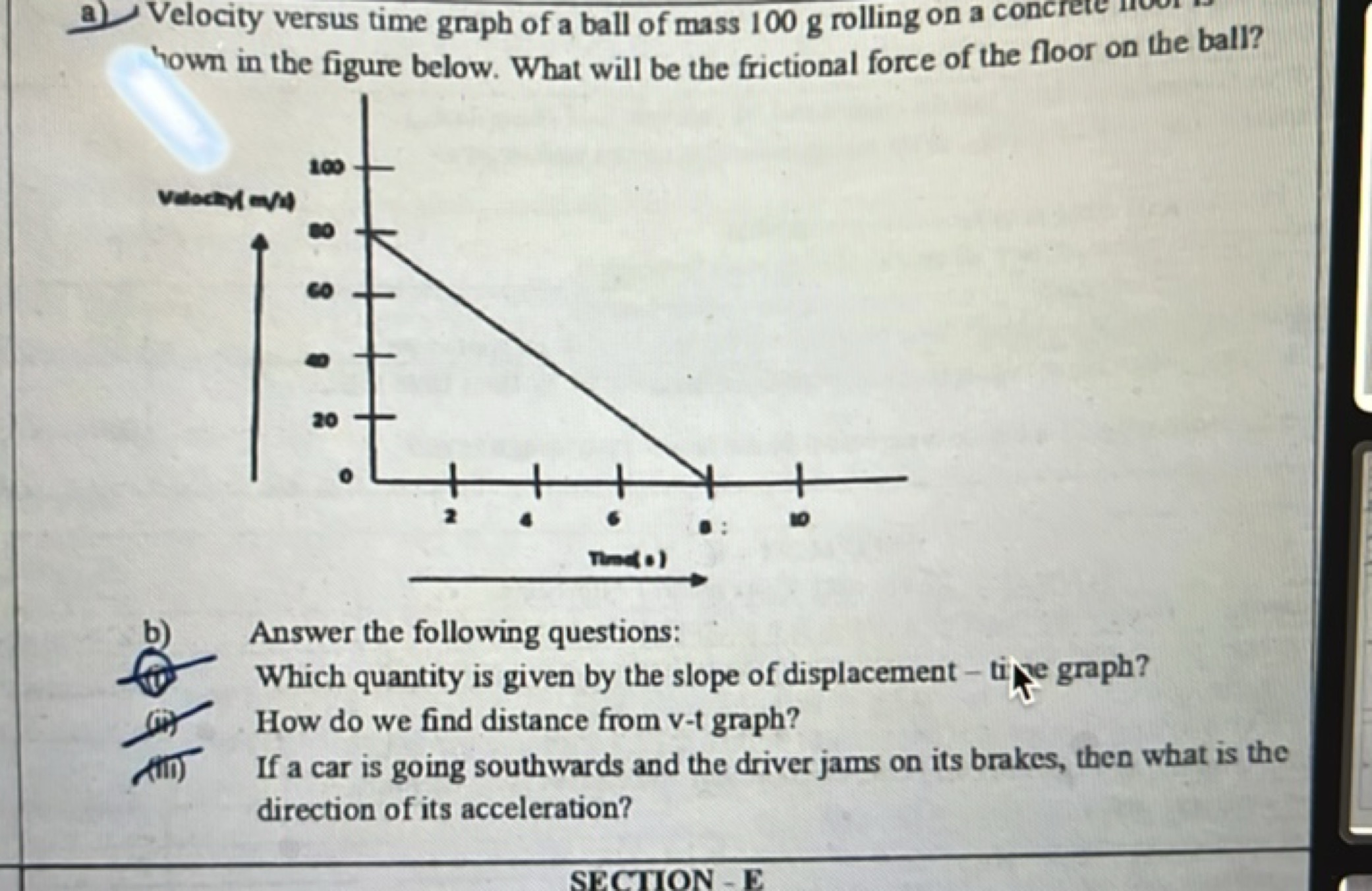 a) Velocity versus time graph of a ball of mass 100 g rolling on a con