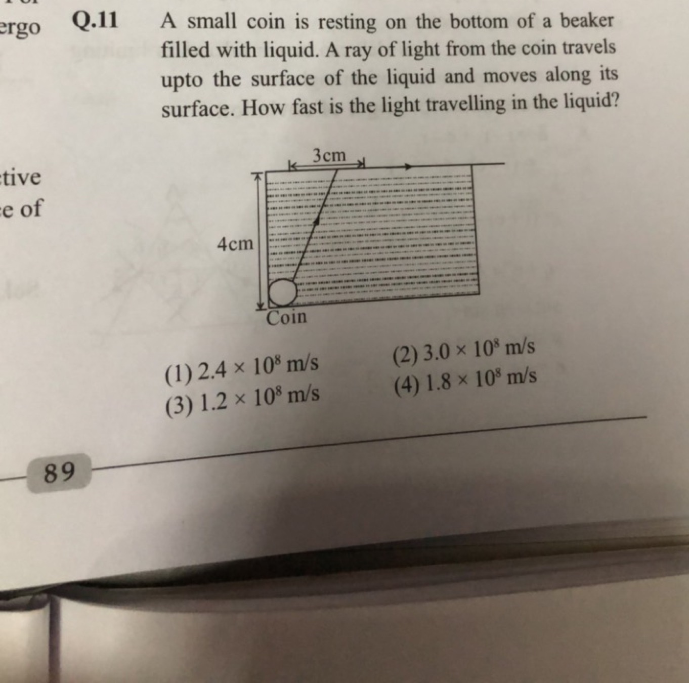 Q. 11 A small coin is resting on the bottom of a beaker filled with li