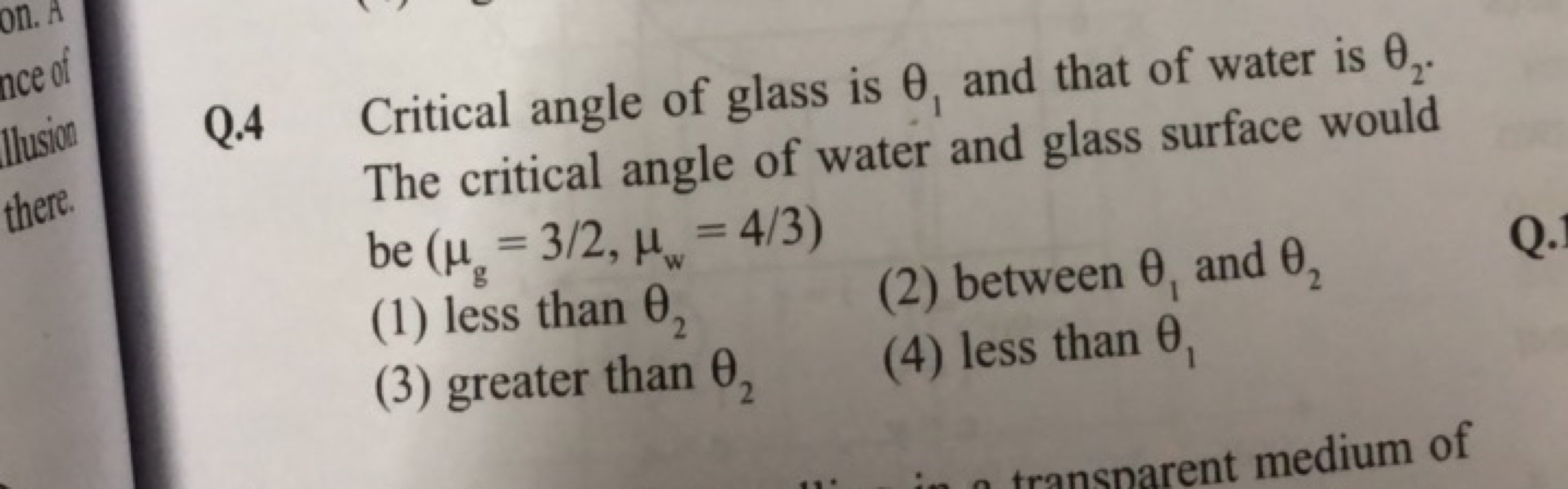 Q. 4 Critical angle of glass is θ1​ and that of water is θ2​. The crit