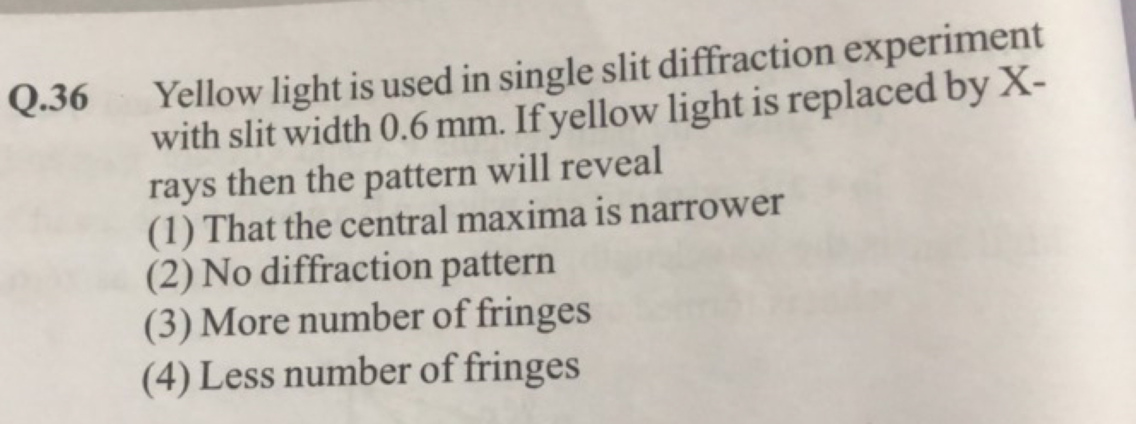 Q. 36 Yellow light is used in single slit diffraction experiment with 