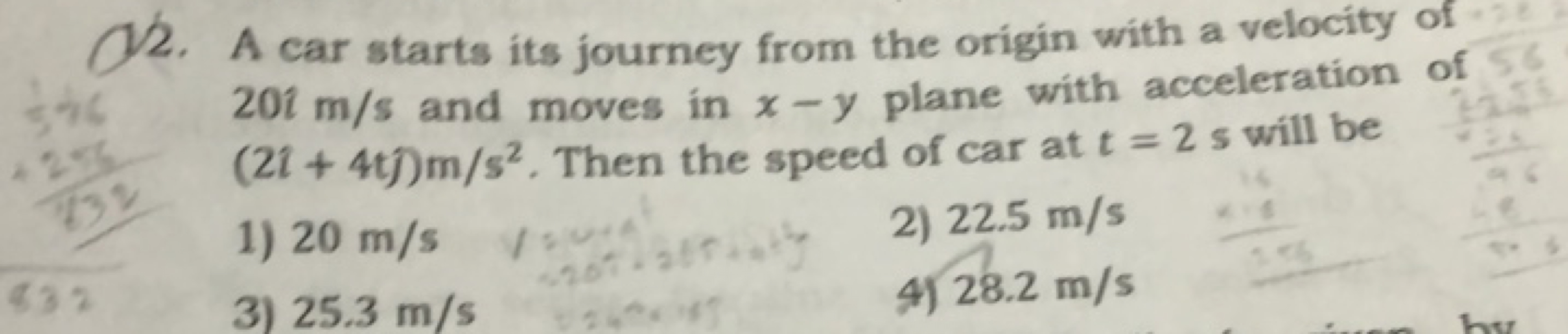 12. A car starts its journey from the origin with a velocity of 202 m/