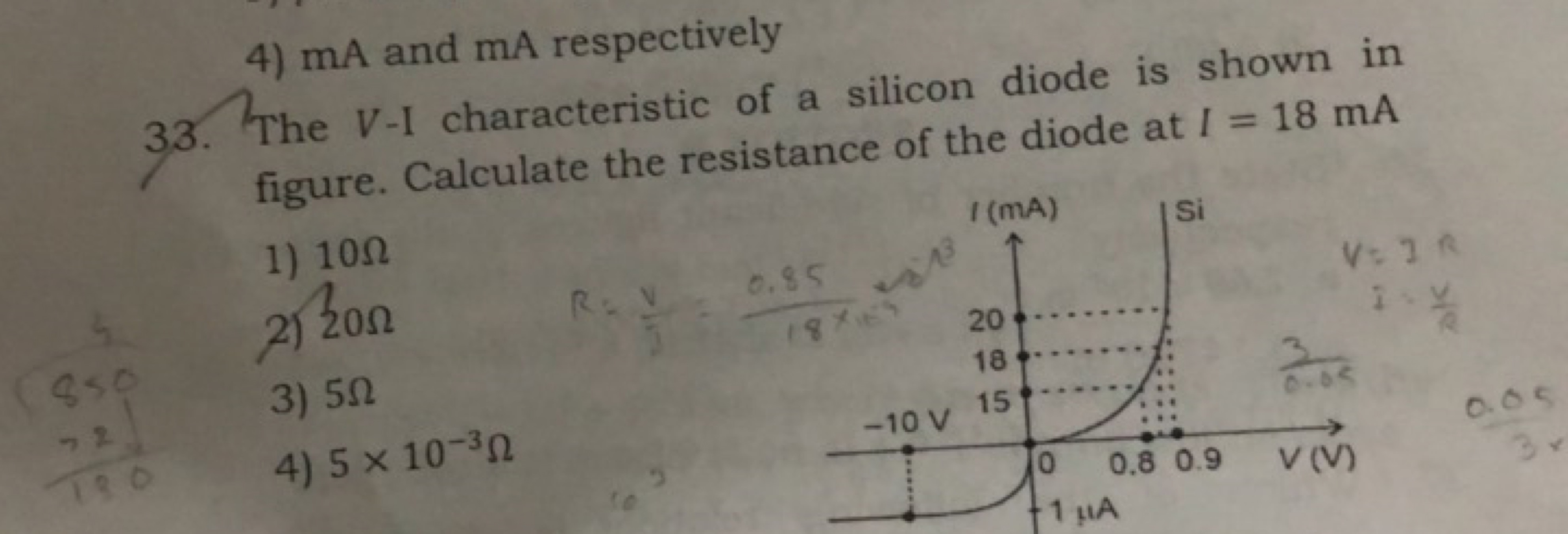 4) mA and mA respectively
33. The V-I characteristic of a silicon diod