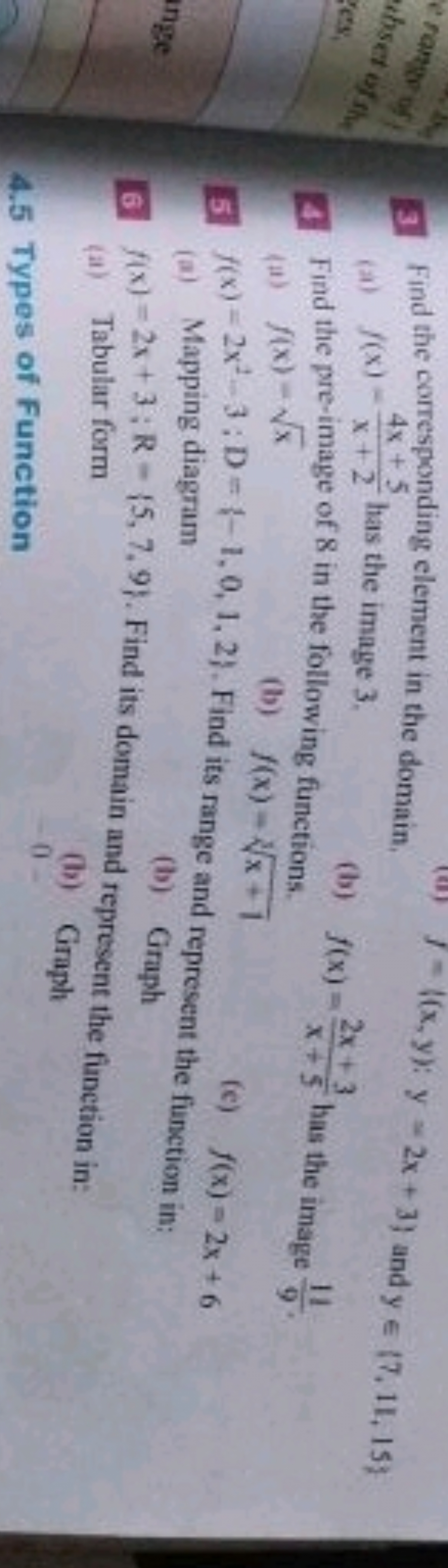 3. Find the corresponding element in the domain.
(a) f(x)=x+24x+5​ has