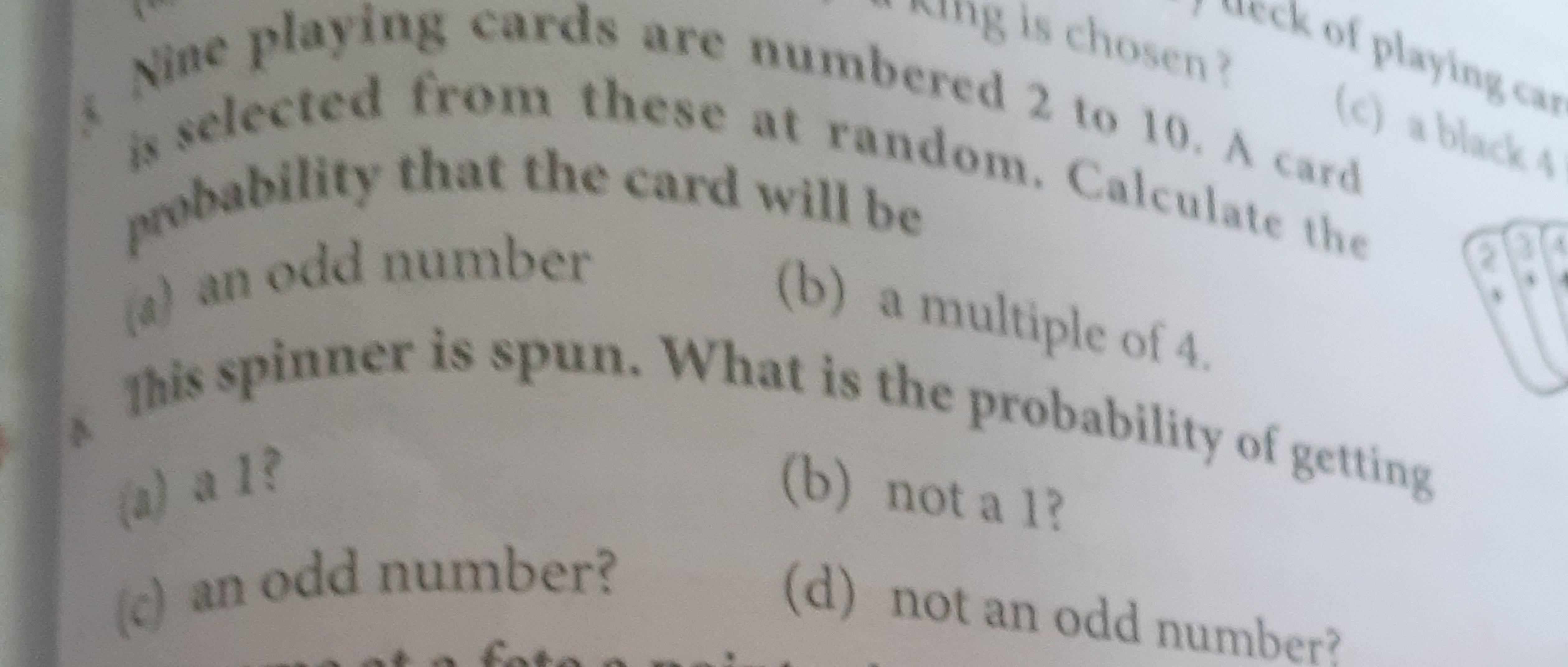 pobability that the card will be
(a) an odd number
(b) a multiple of 4