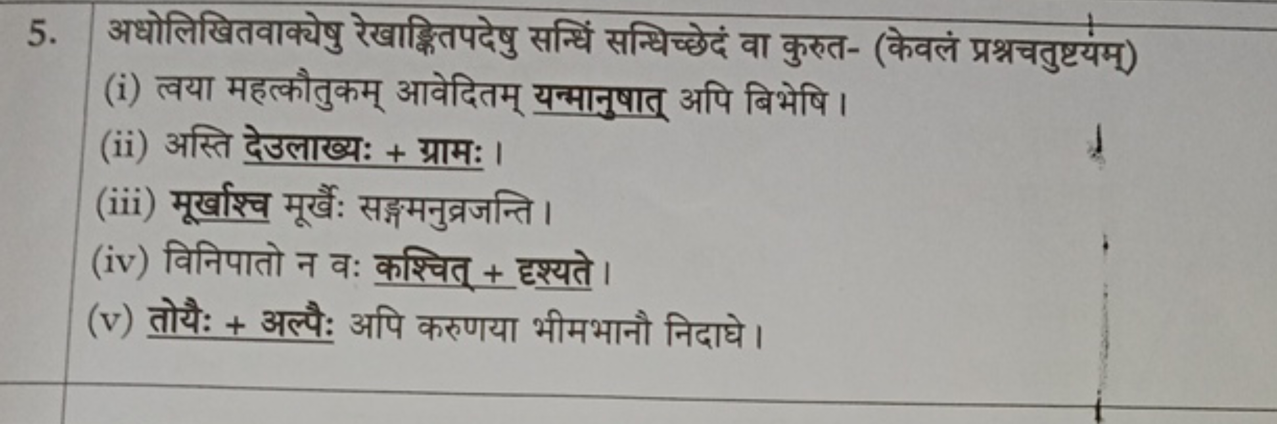 5. अधोलिखितवाक्येषु रेखाक्षितपदेषु सन्धिं सन्धिच्छेदं वा कुरुत- (केवलं