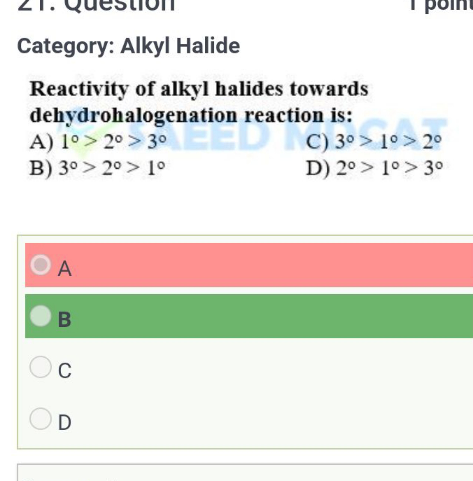 Category: Alkyl Halide
Reactivity of alkyl halides towards dehydrohalo