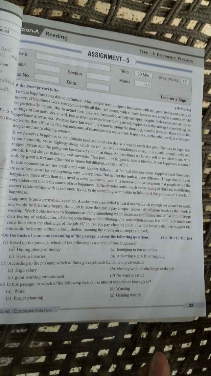 Reading
ame □
Ilent
ASSIGNMENT-5
ass
oll No. □ □
Section
Time
30 Min
d