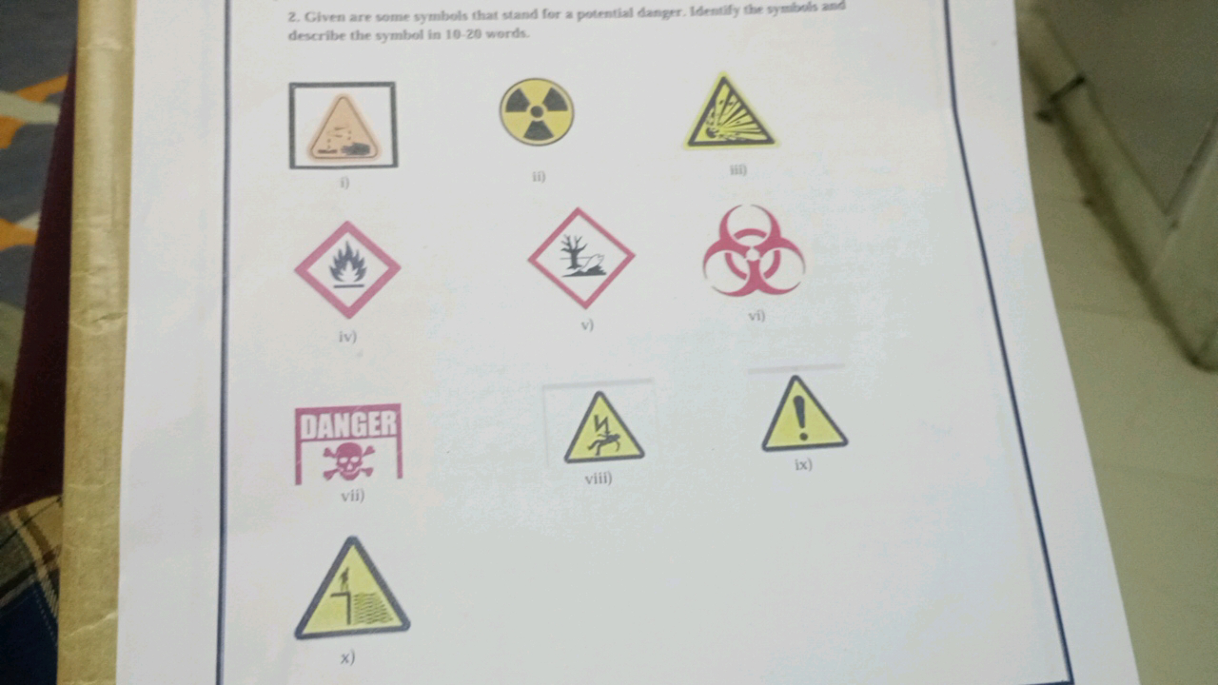 2. Given are some symbols that stand for a potential danger. Identify 