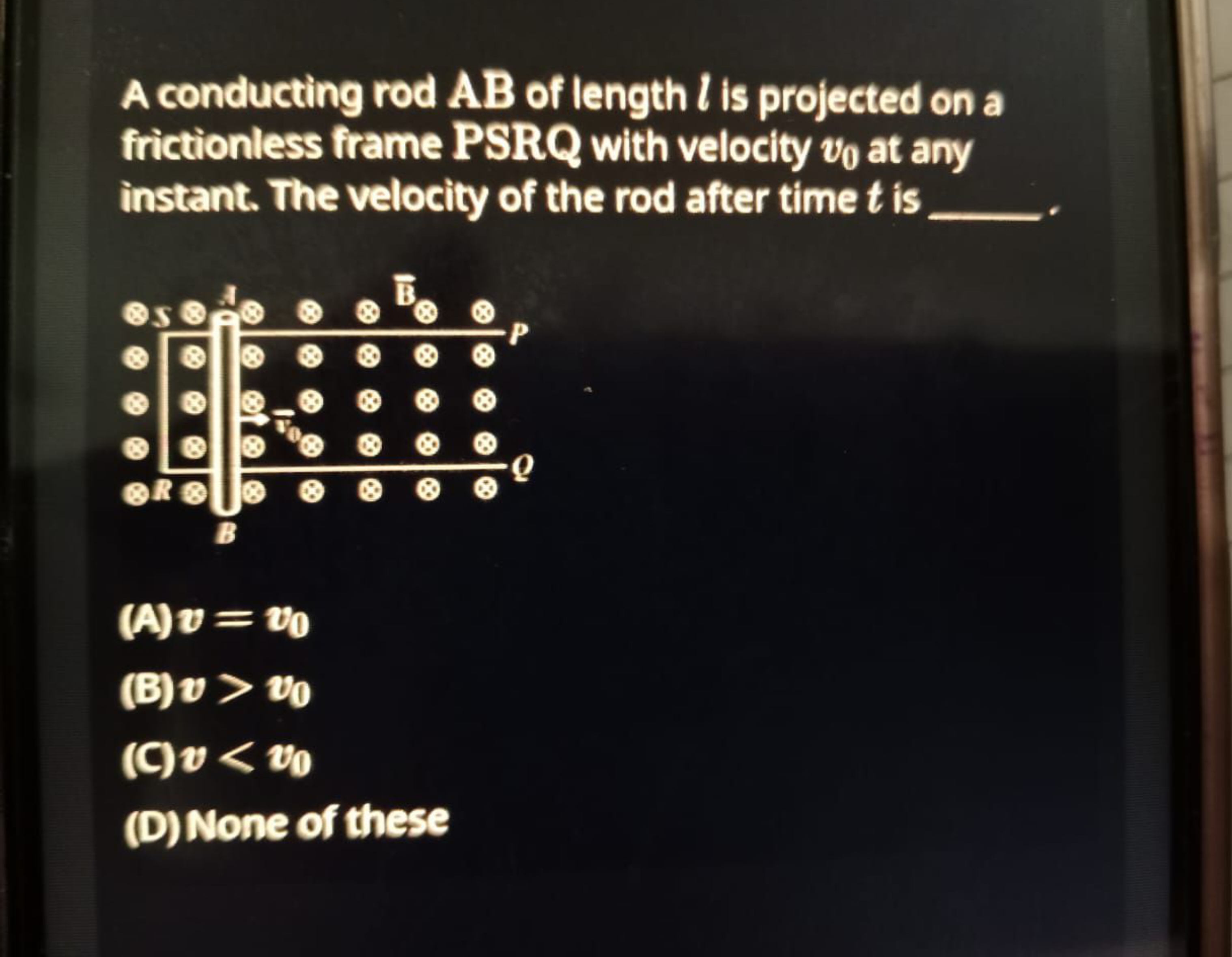 A conducting rod AB of length l is projected on a frictionless frame P