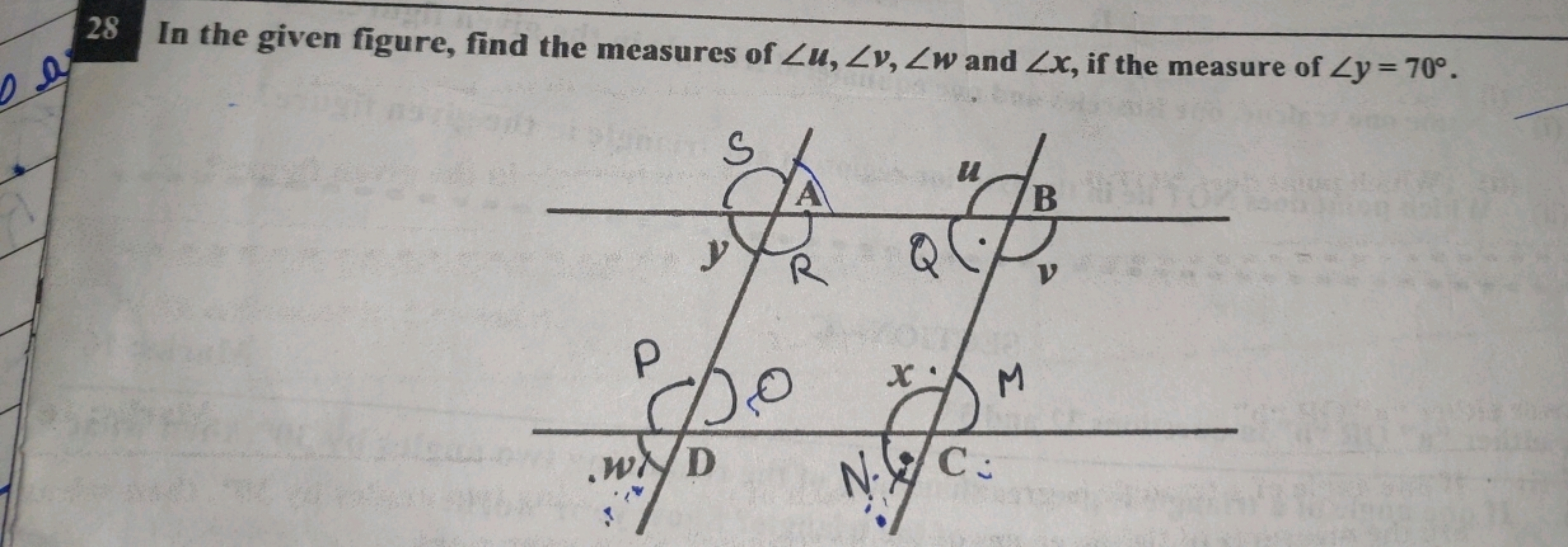 28 In the given figure, find the measures of ∠u,∠v,∠w and ∠x, if the m